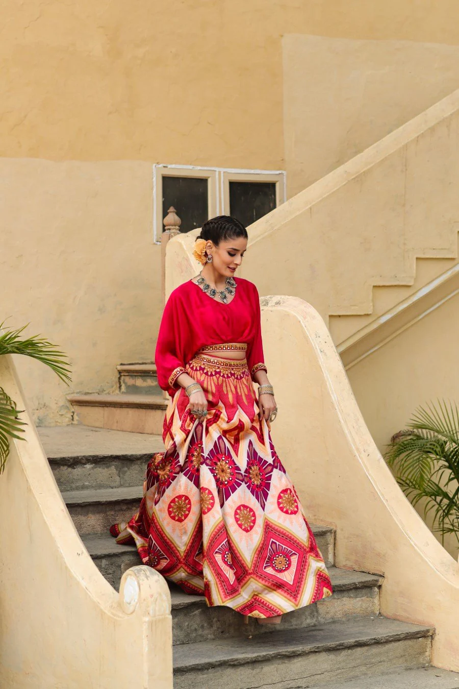 Rose Red Ethnic Skirt with Crop Top - Image 3