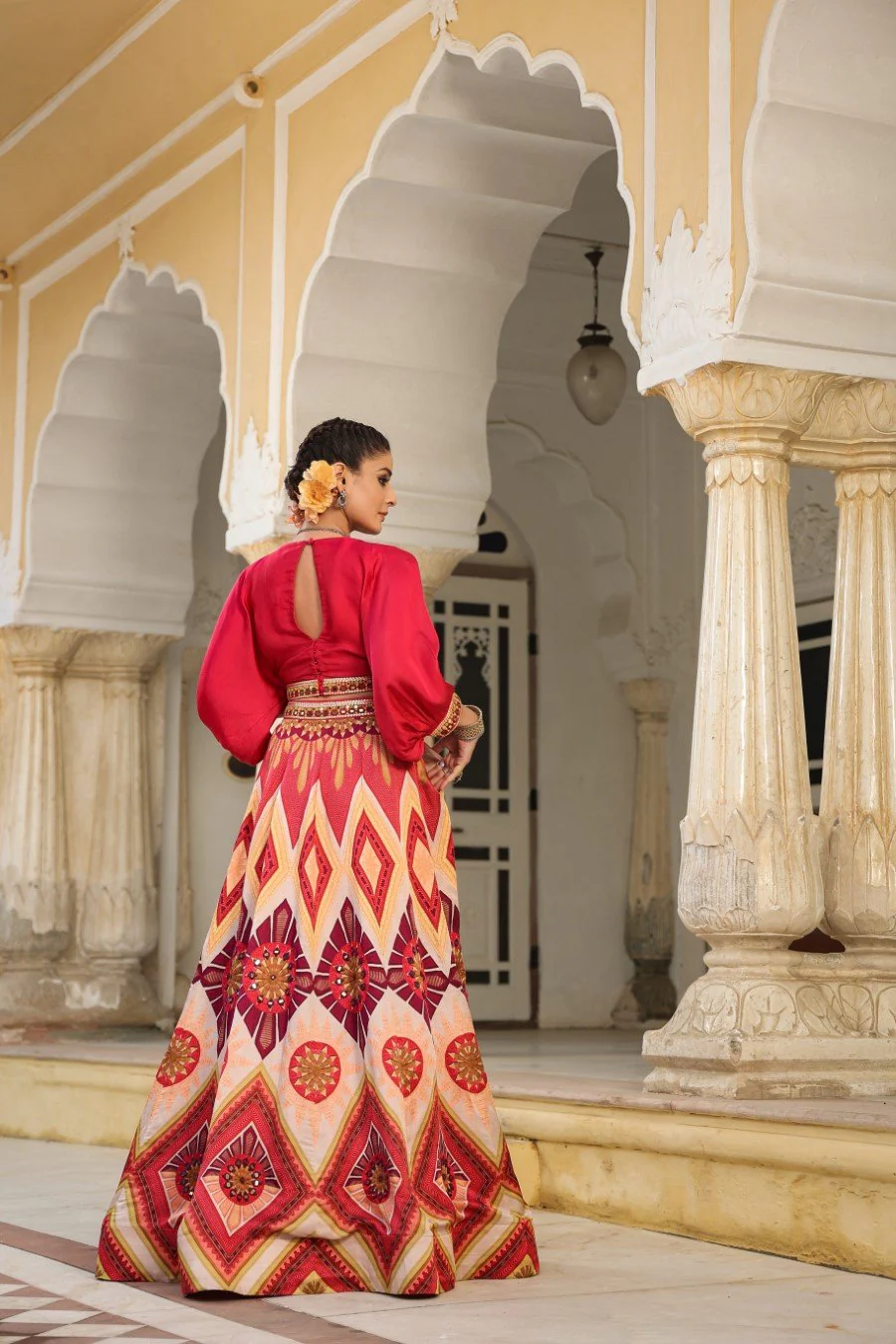 Rose Red Ethnic Skirt with Crop Top - Image 4