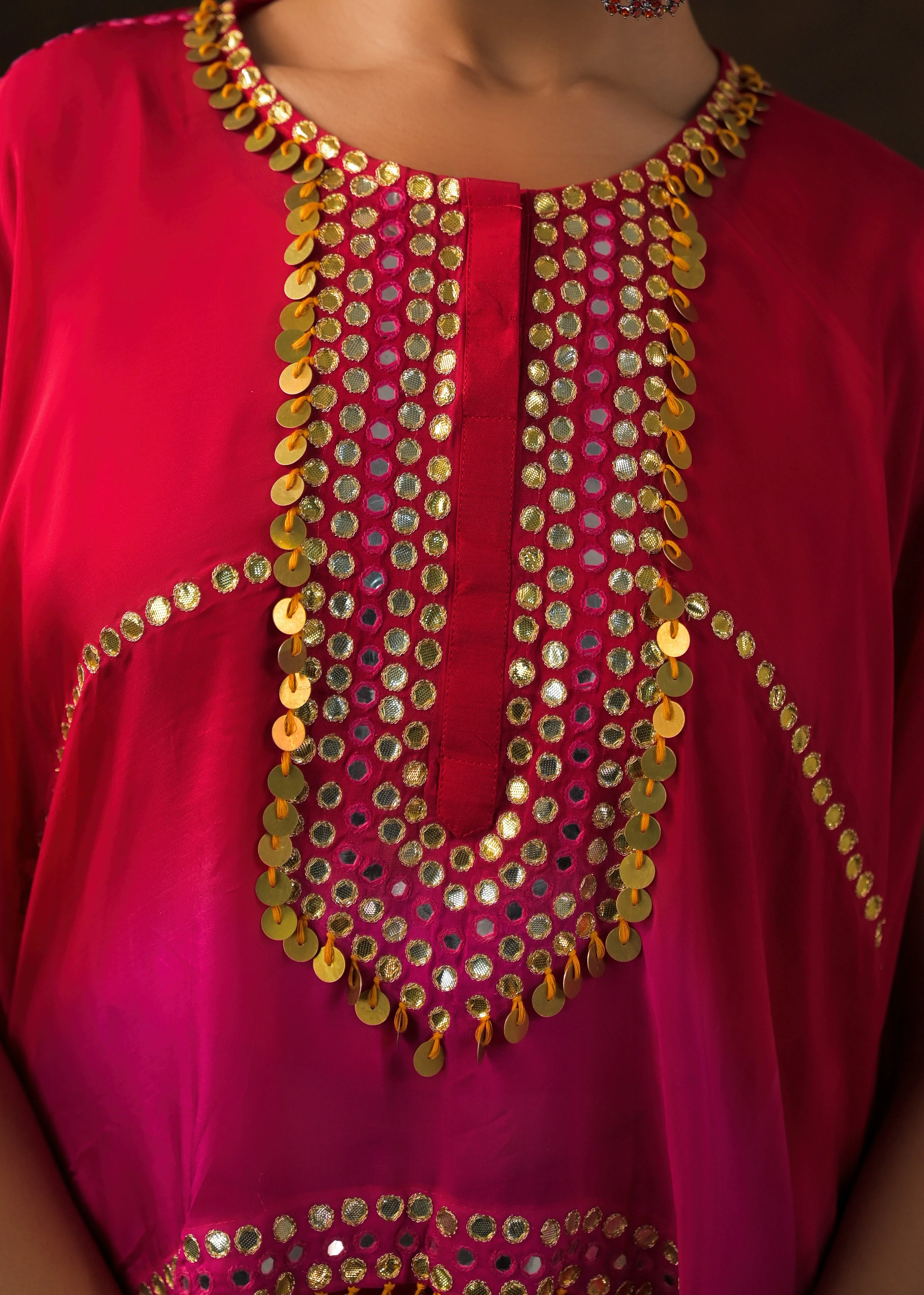 Rose Red Ombre Embellished Raw Silk Cape Set - Image 2