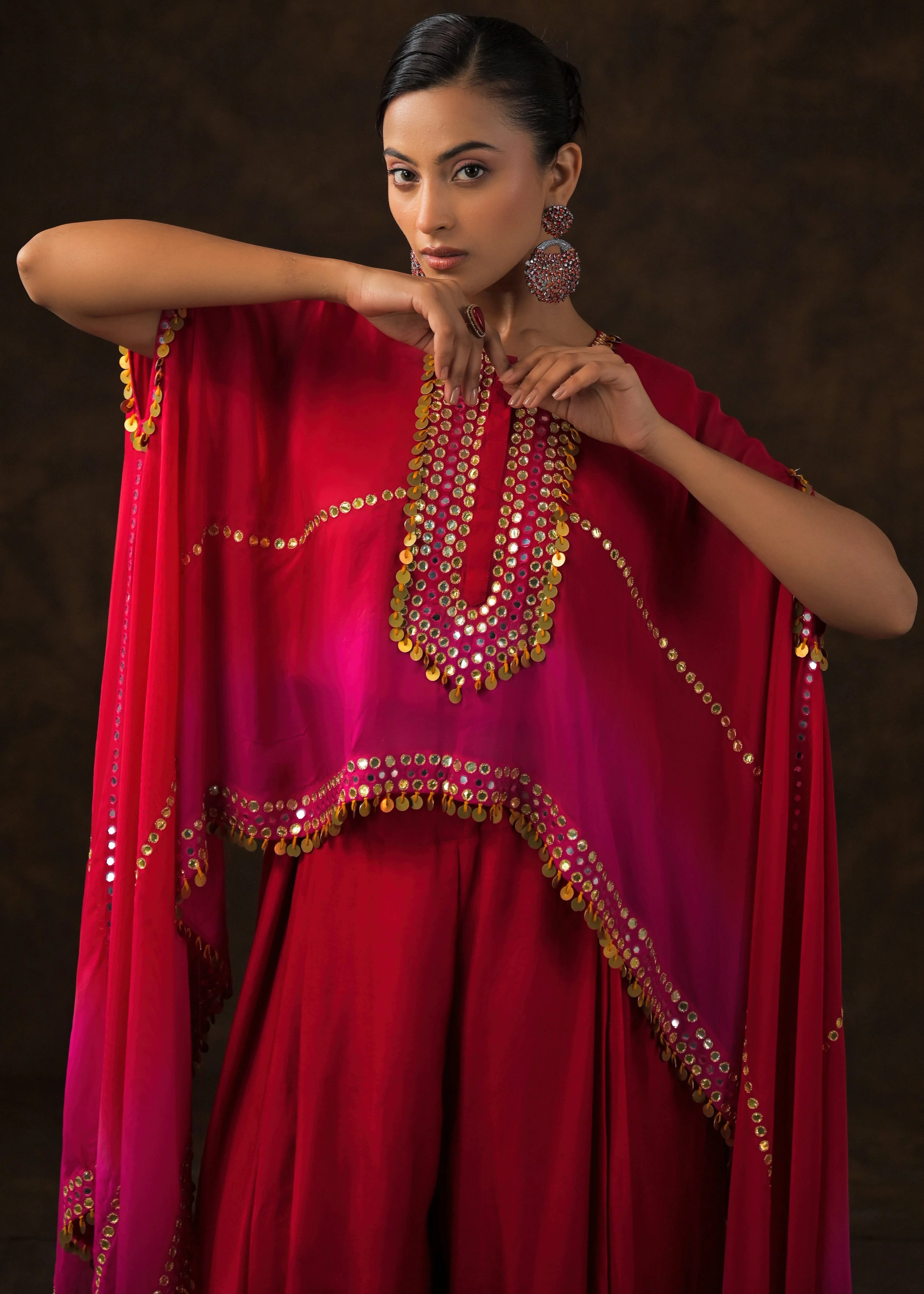 Rose Red Ombre Embellished Raw Silk Cape Set - Image 3