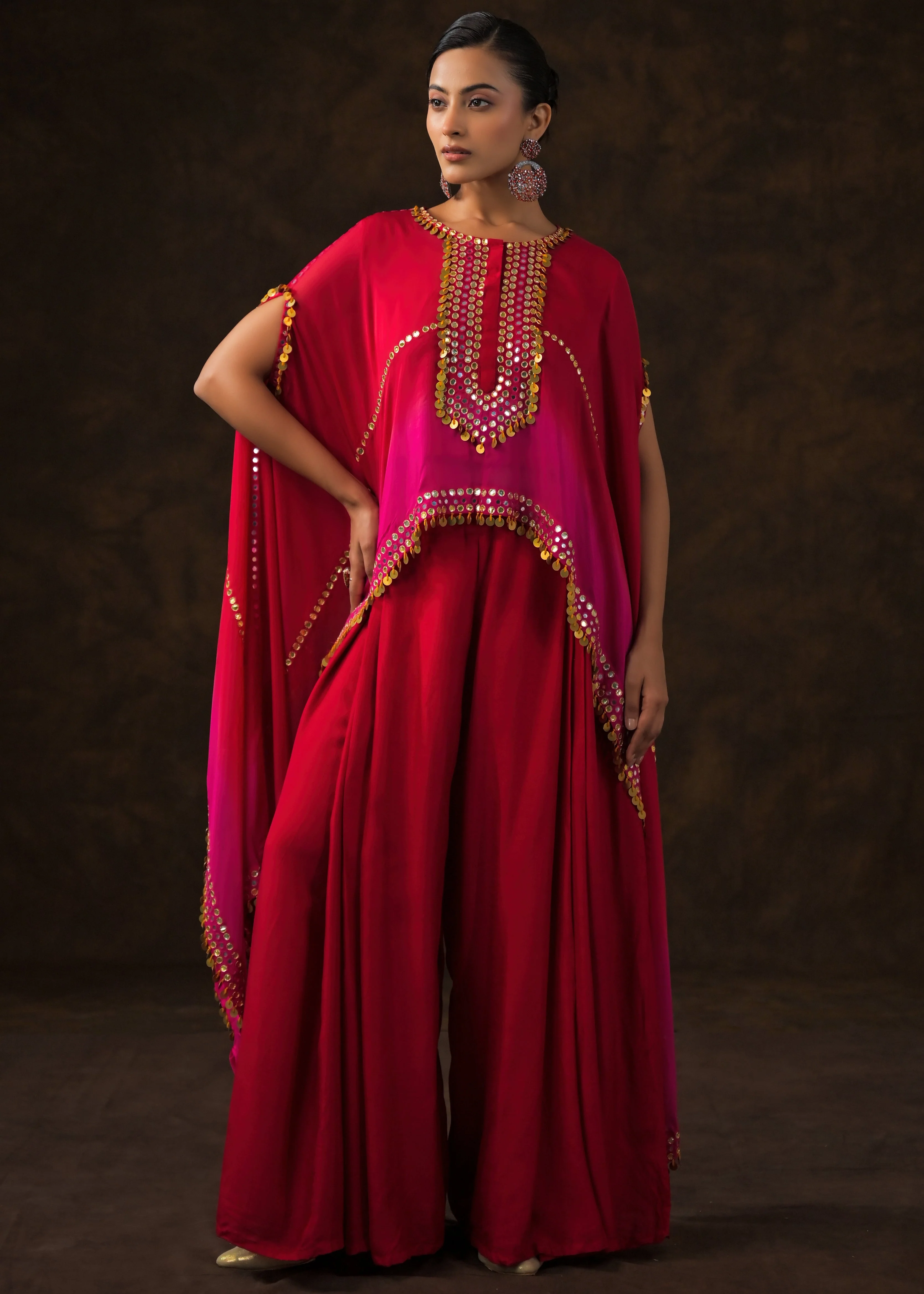 Rose Red Ombre Embellished Raw Silk Cape Set - Image 4