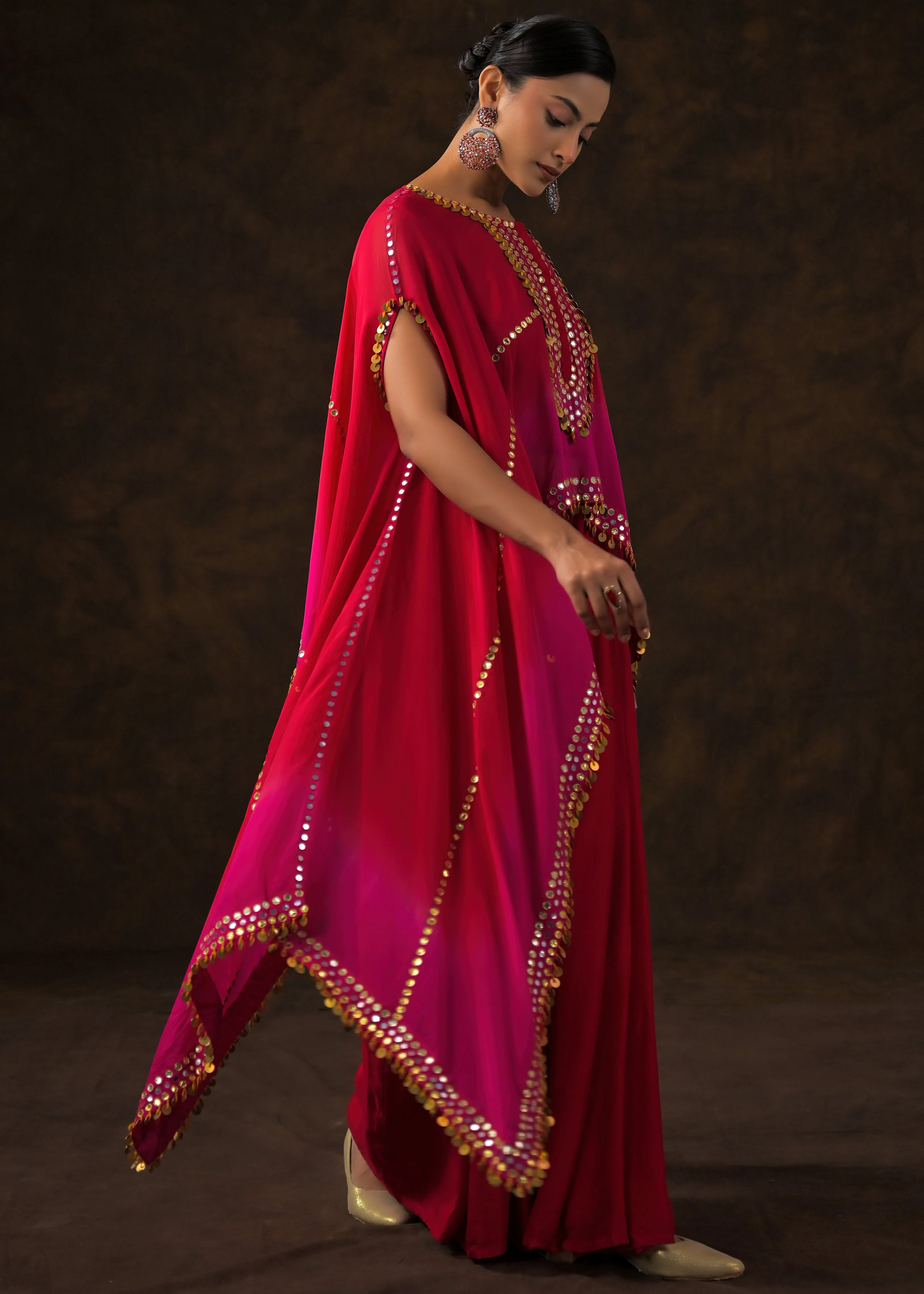 Rose Red Ombre Embellished Raw Silk Cape Set - Image 5