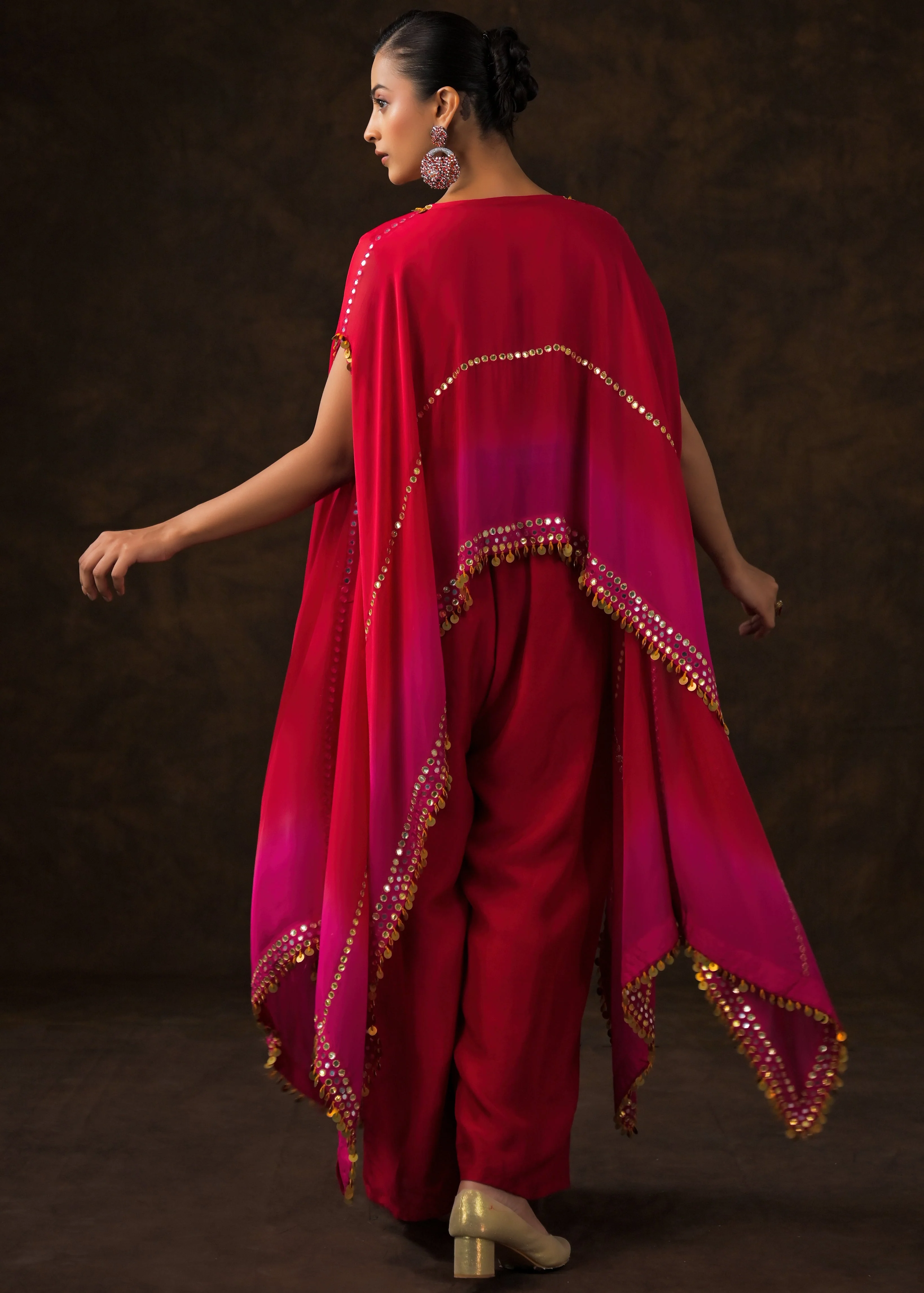 Rose Red Ombre Embellished Raw Silk Cape Set - Image 6