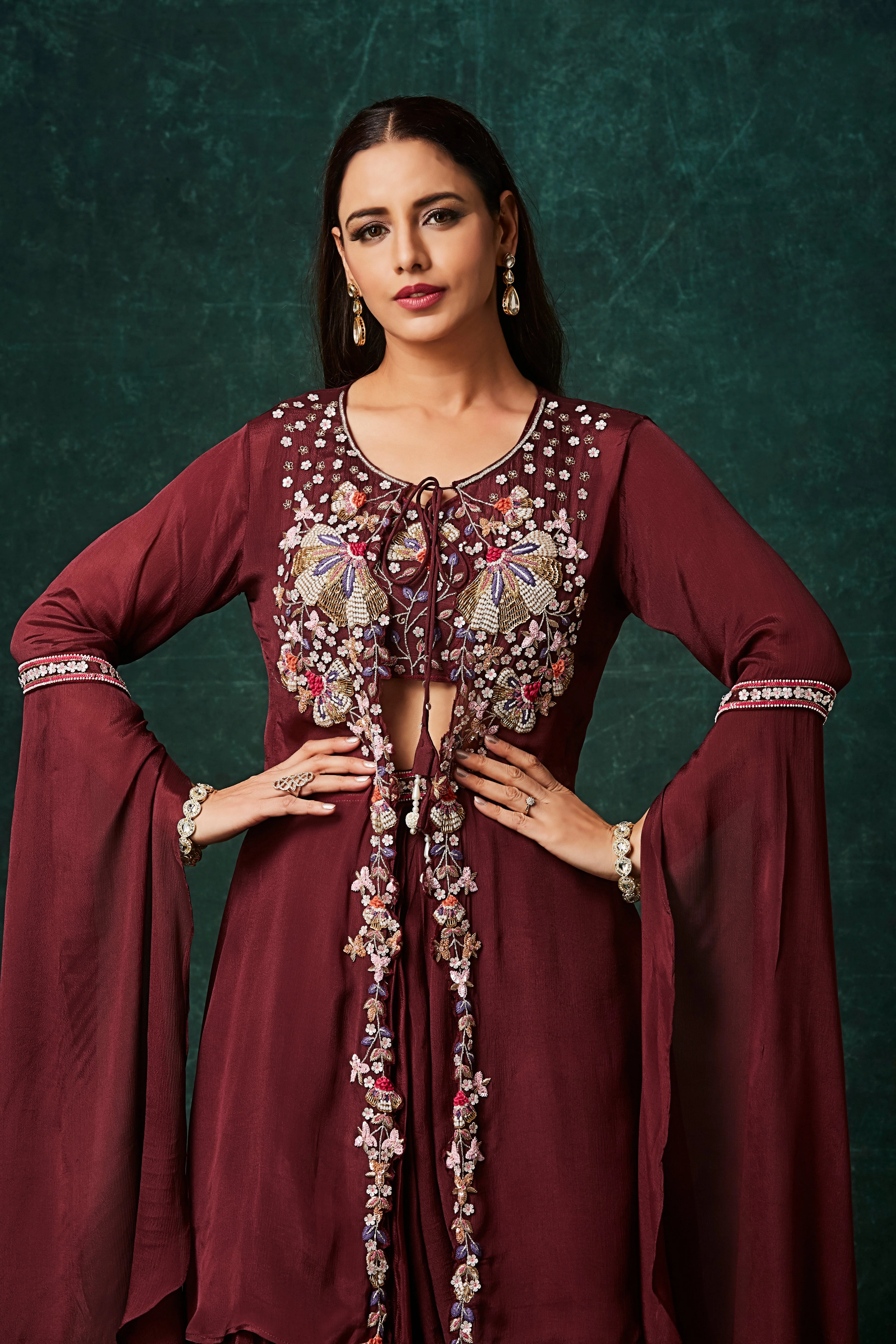 Rosewood Embellished Chinon Silk Drape Skirt Set - Image 2