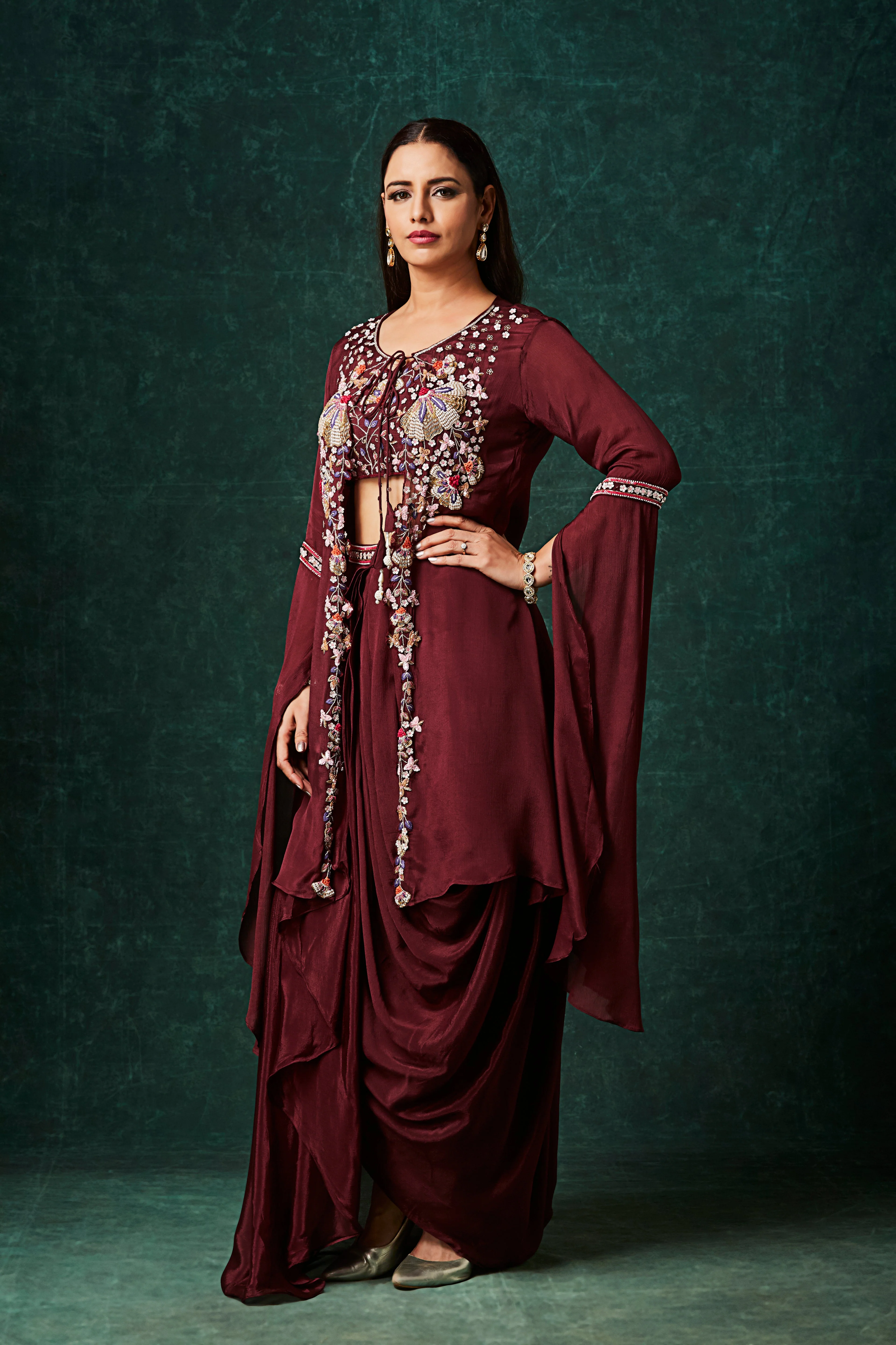 Rosewood Embellished Chinon Silk Drape Skirt Set - Image 3