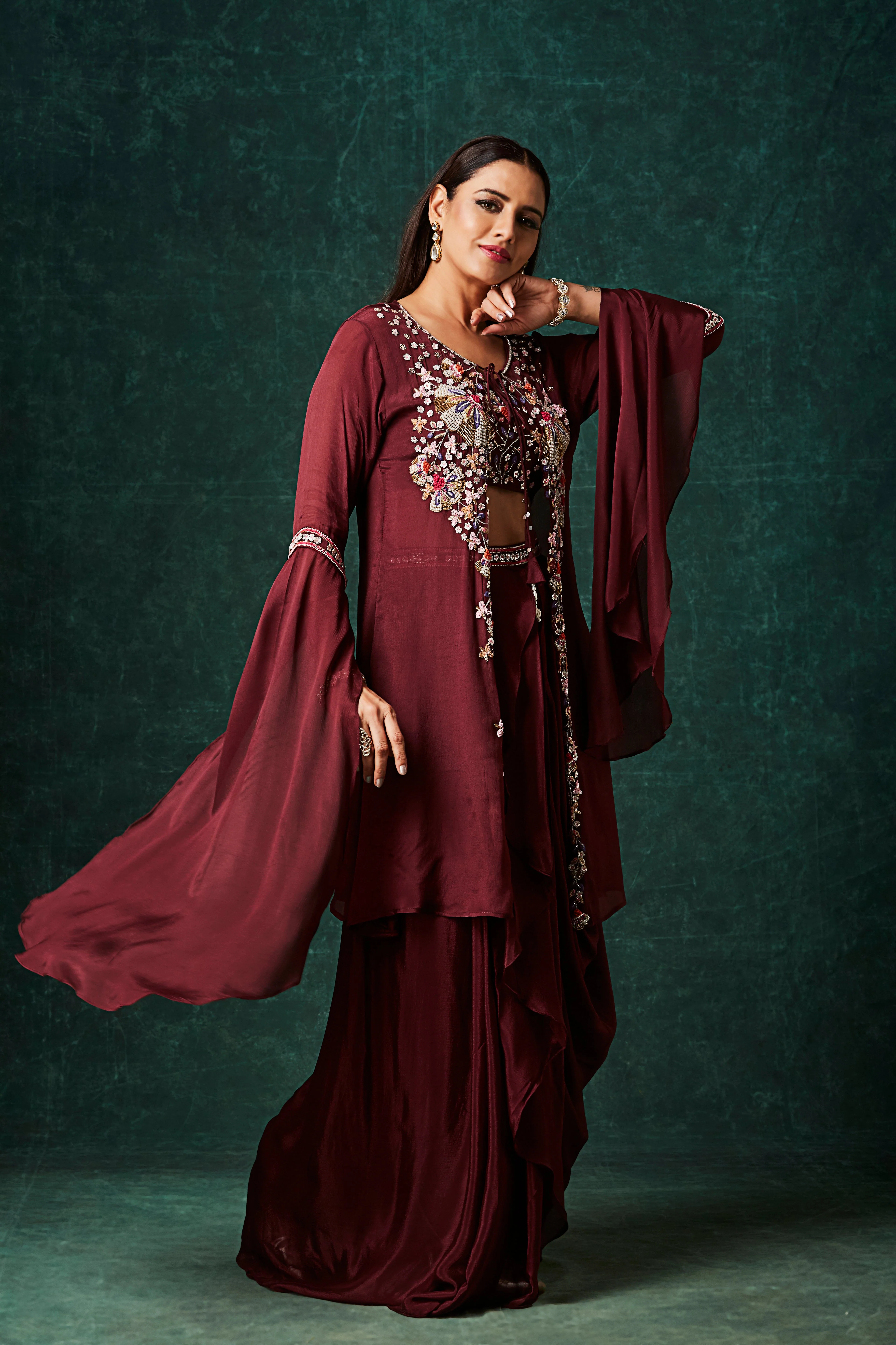 Rosewood Embellished Chinon Silk Drape Skirt Set - Image 4