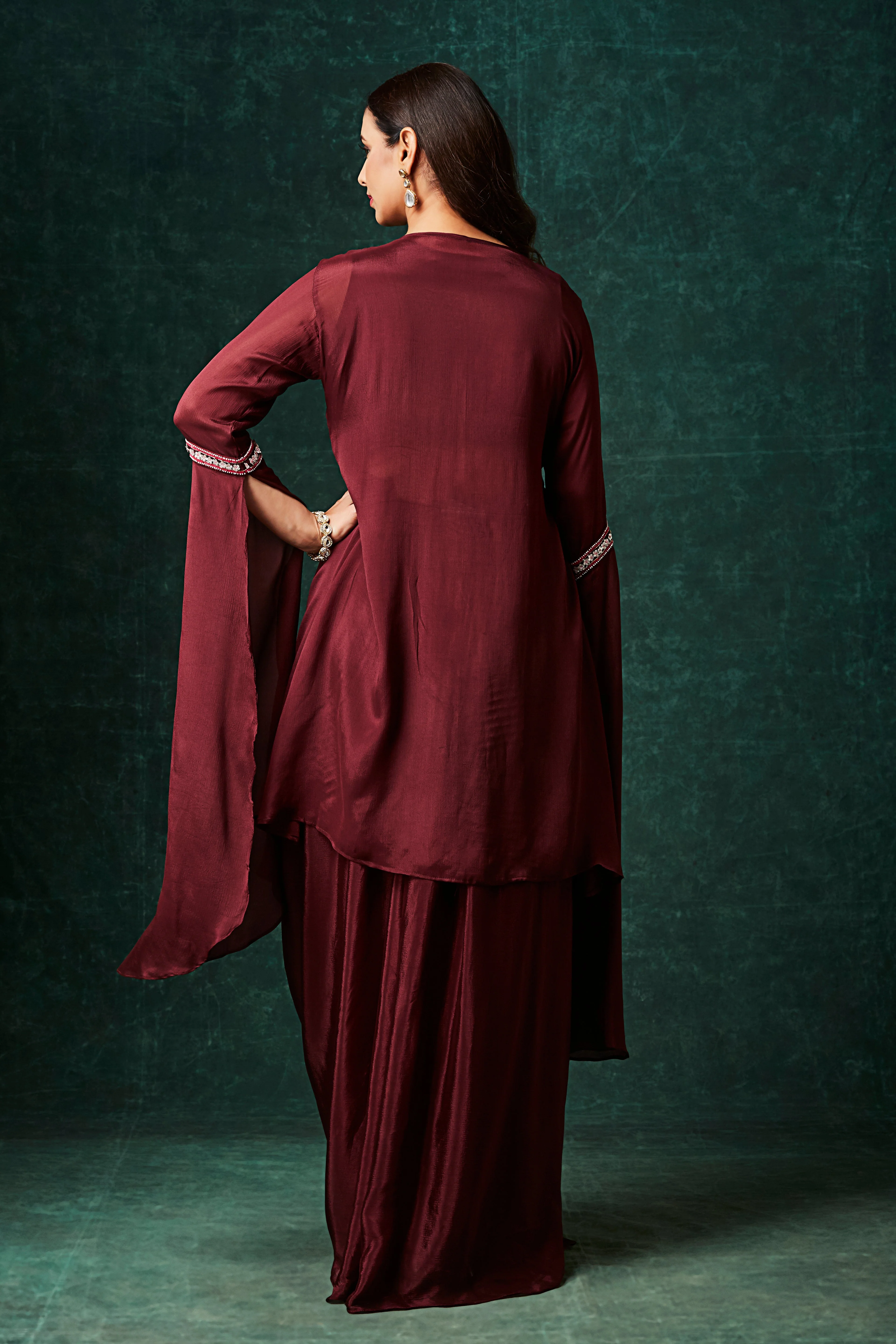 Rosewood Embellished Chinon Silk Drape Skirt Set - Image 5