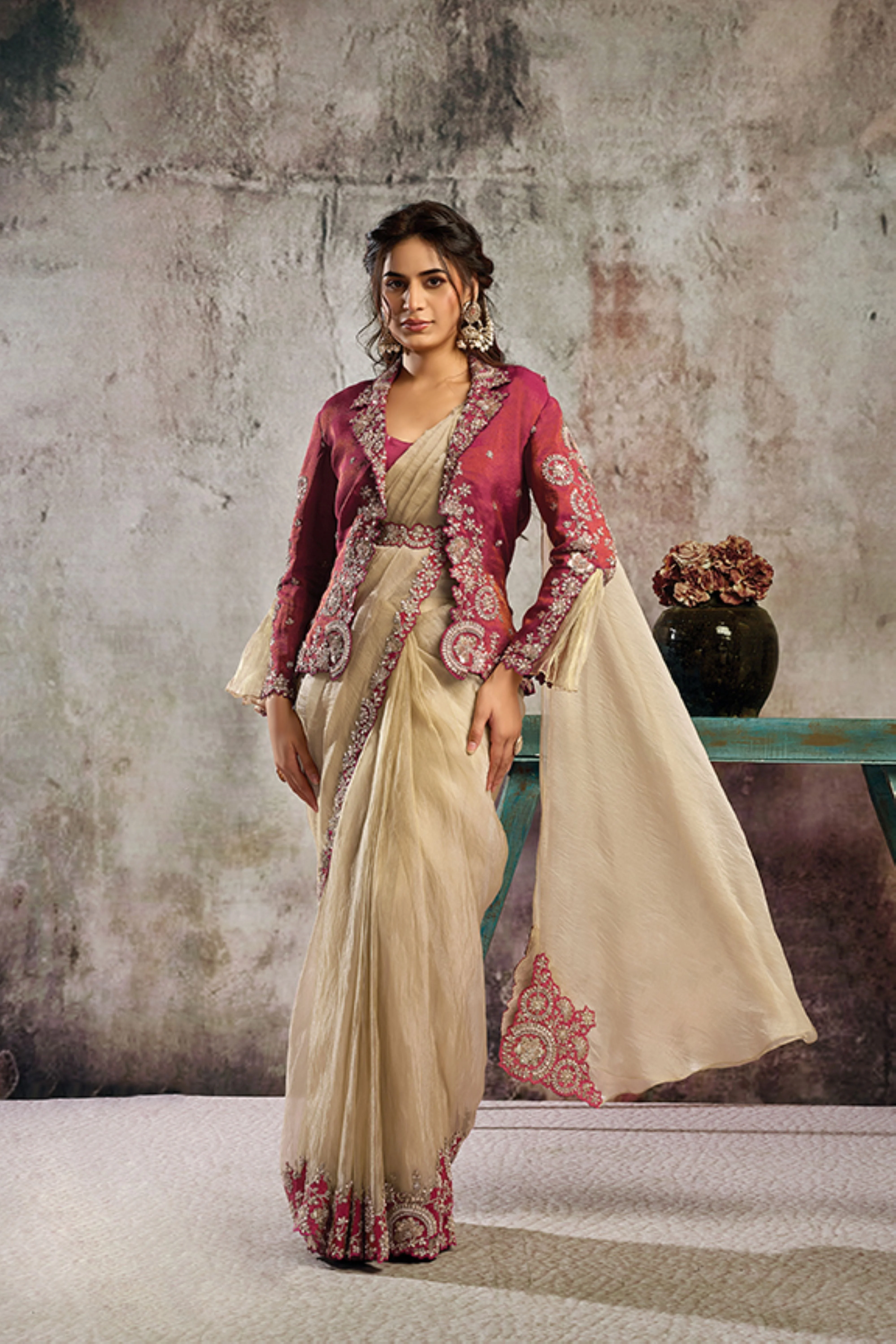 Rosewood Embellished Organza Silk Draped Saree