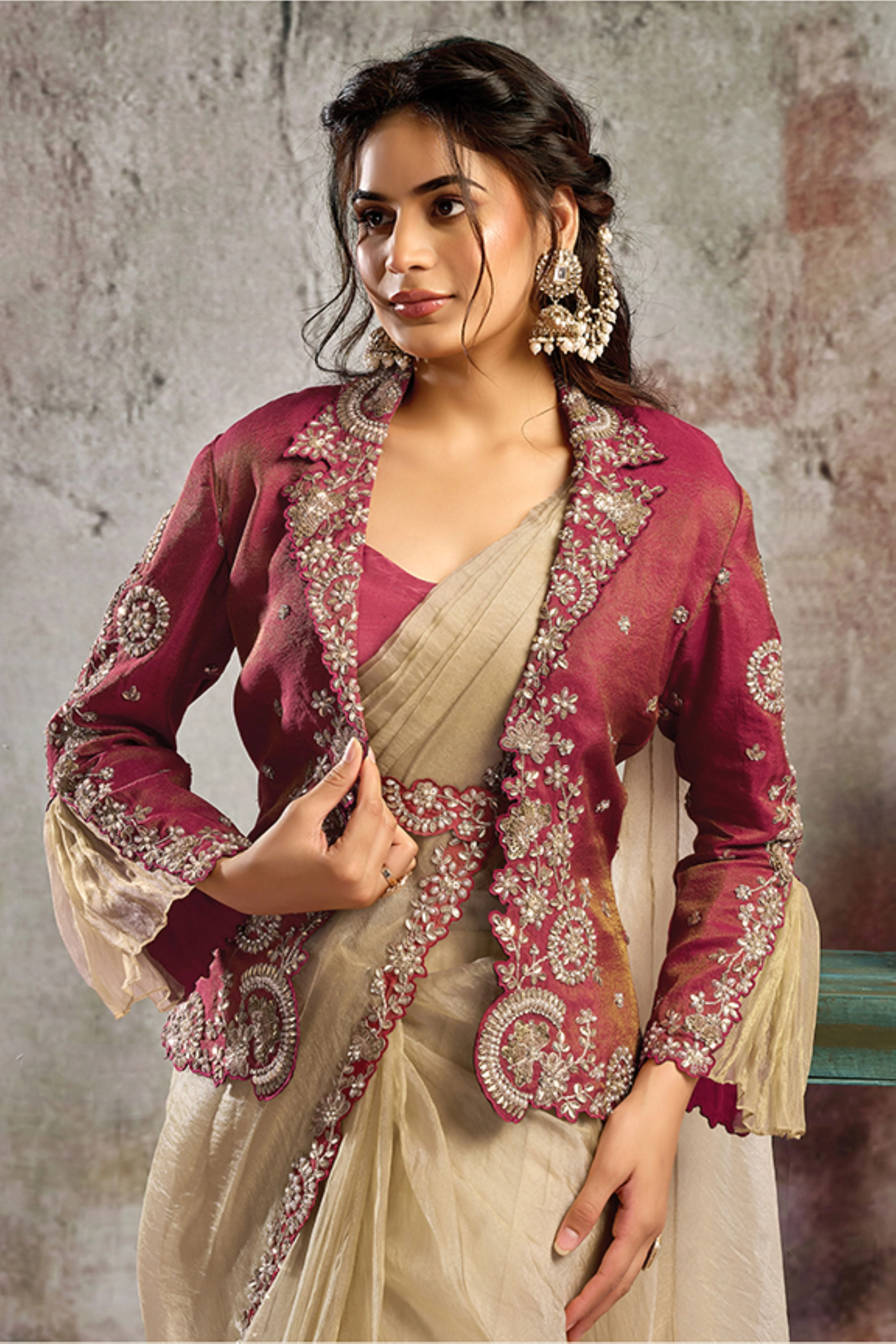 Rosewood Embellished Organza Silk Draped Saree - Image 2