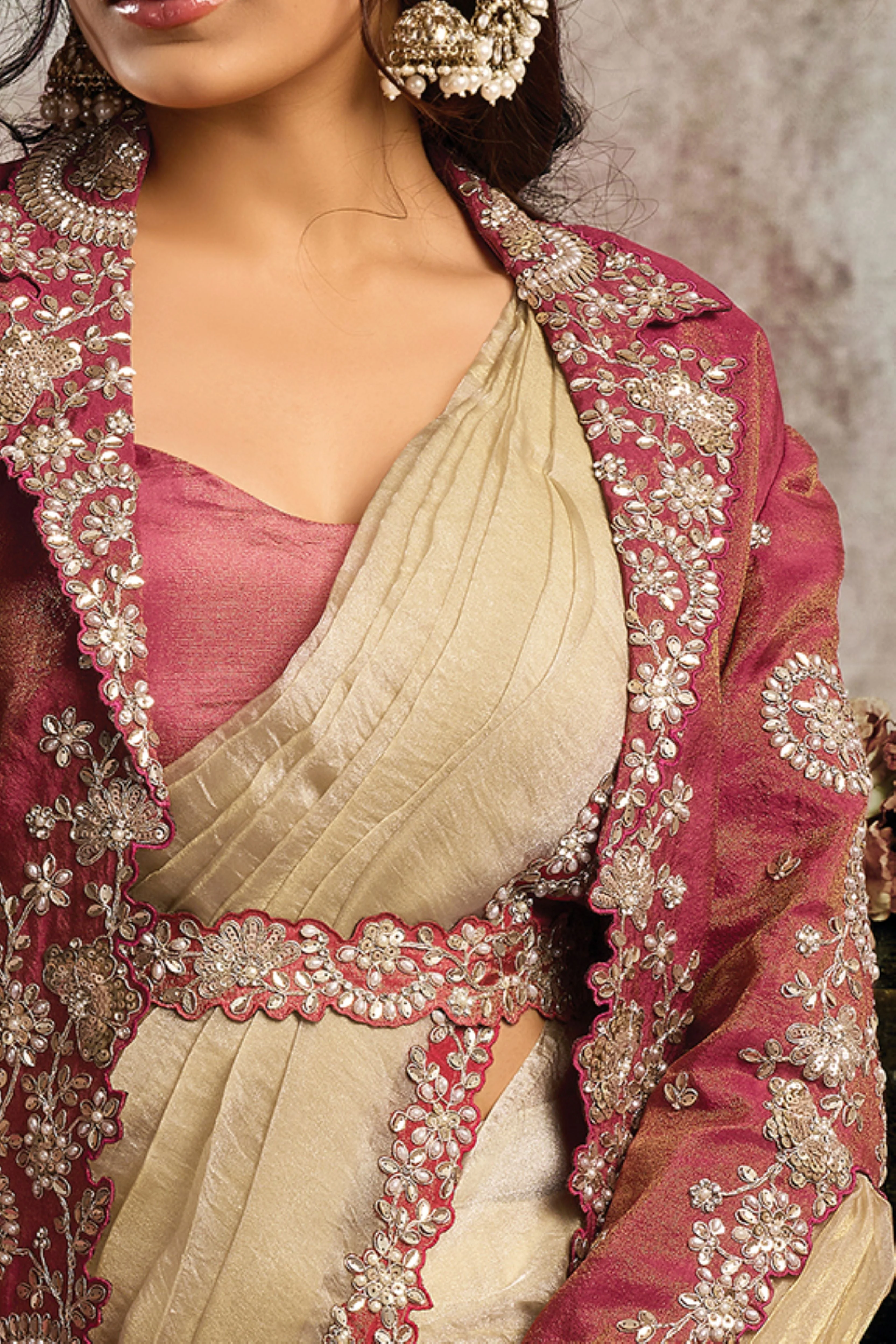 Rosewood Embellished Organza Silk Draped Saree - Image 4