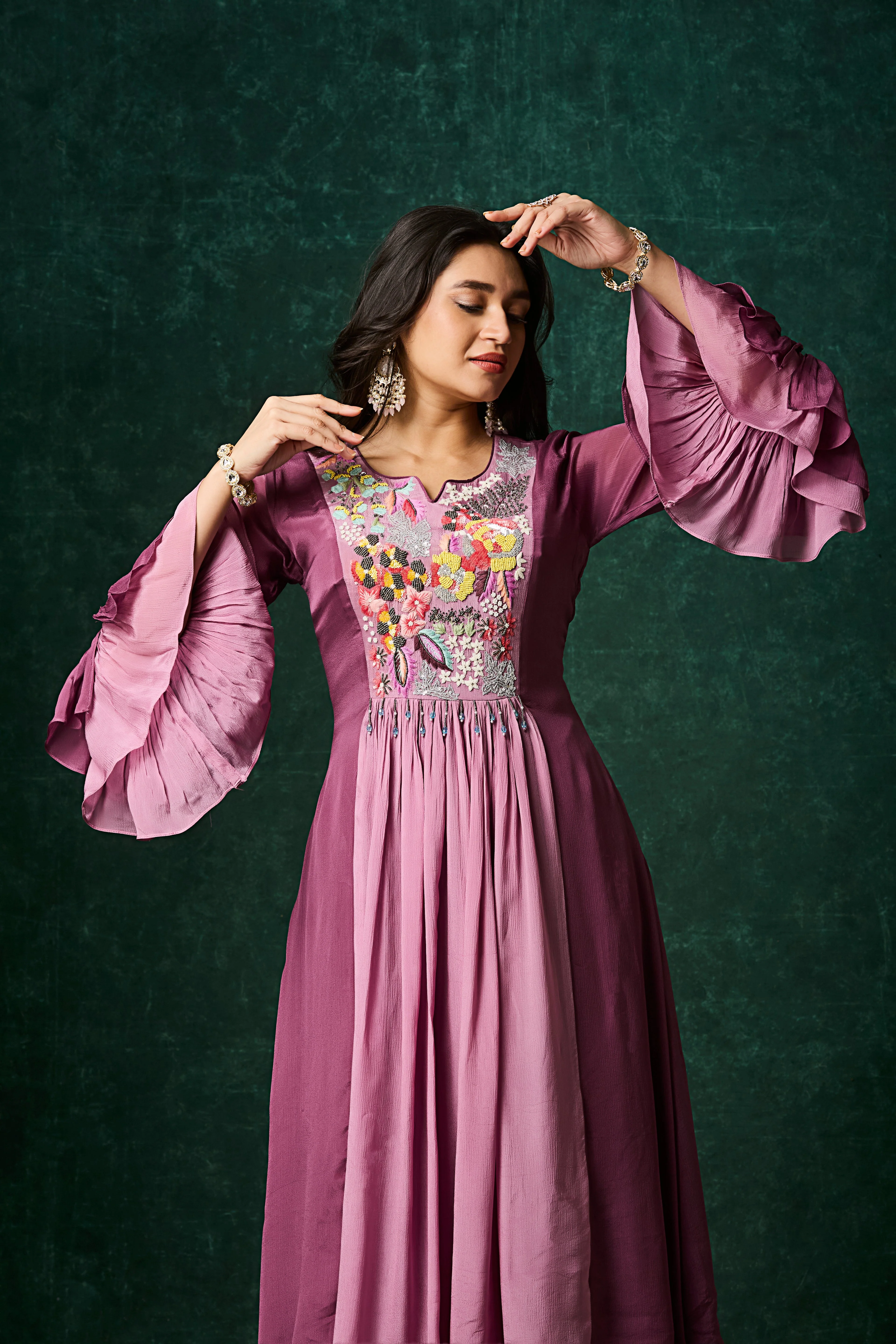 Mulberry Purple Embellished Chinon Silk Palazzo Set - Image 2