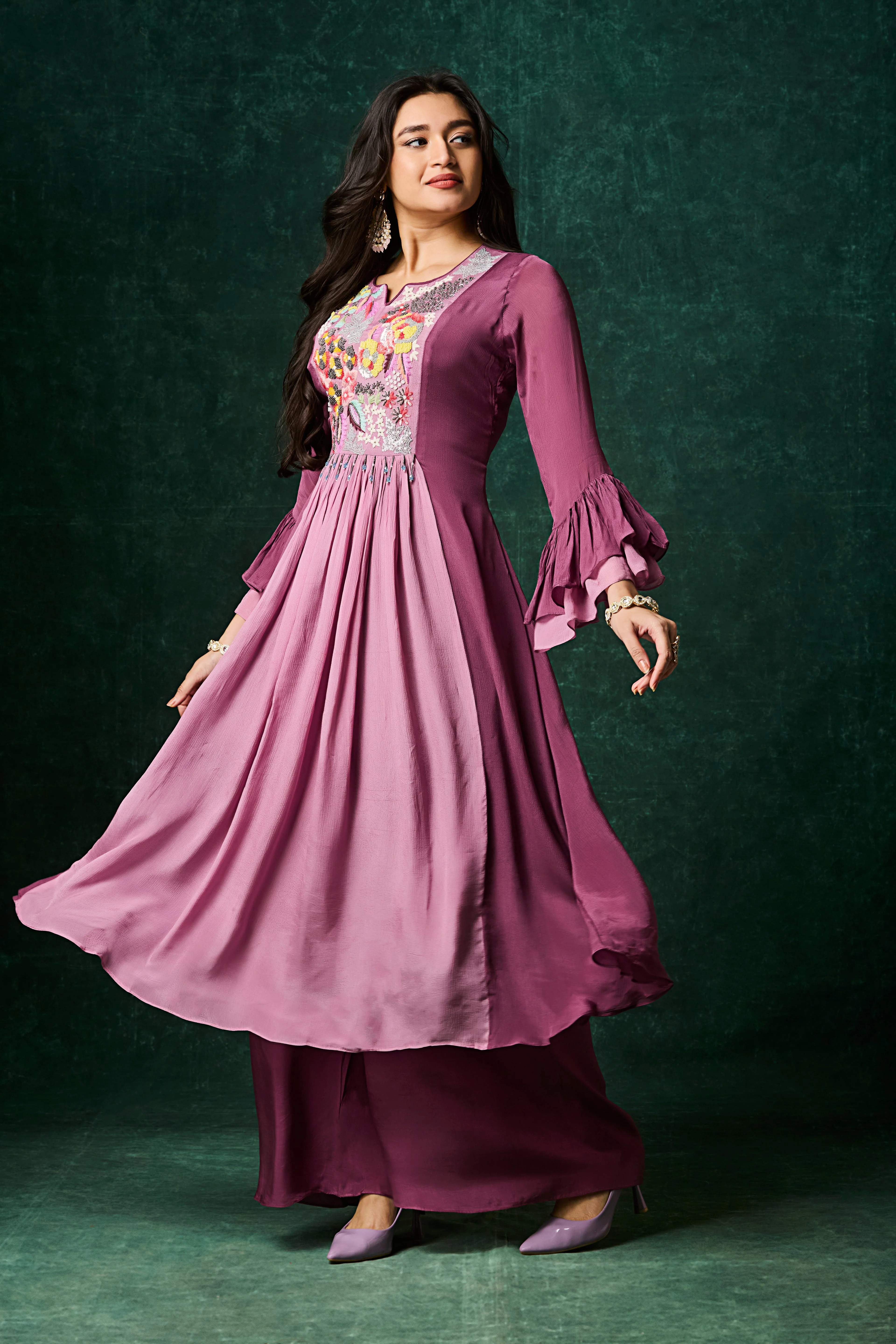 Mulberry Purple Embellished Chinon Silk Palazzo Set - Image 3