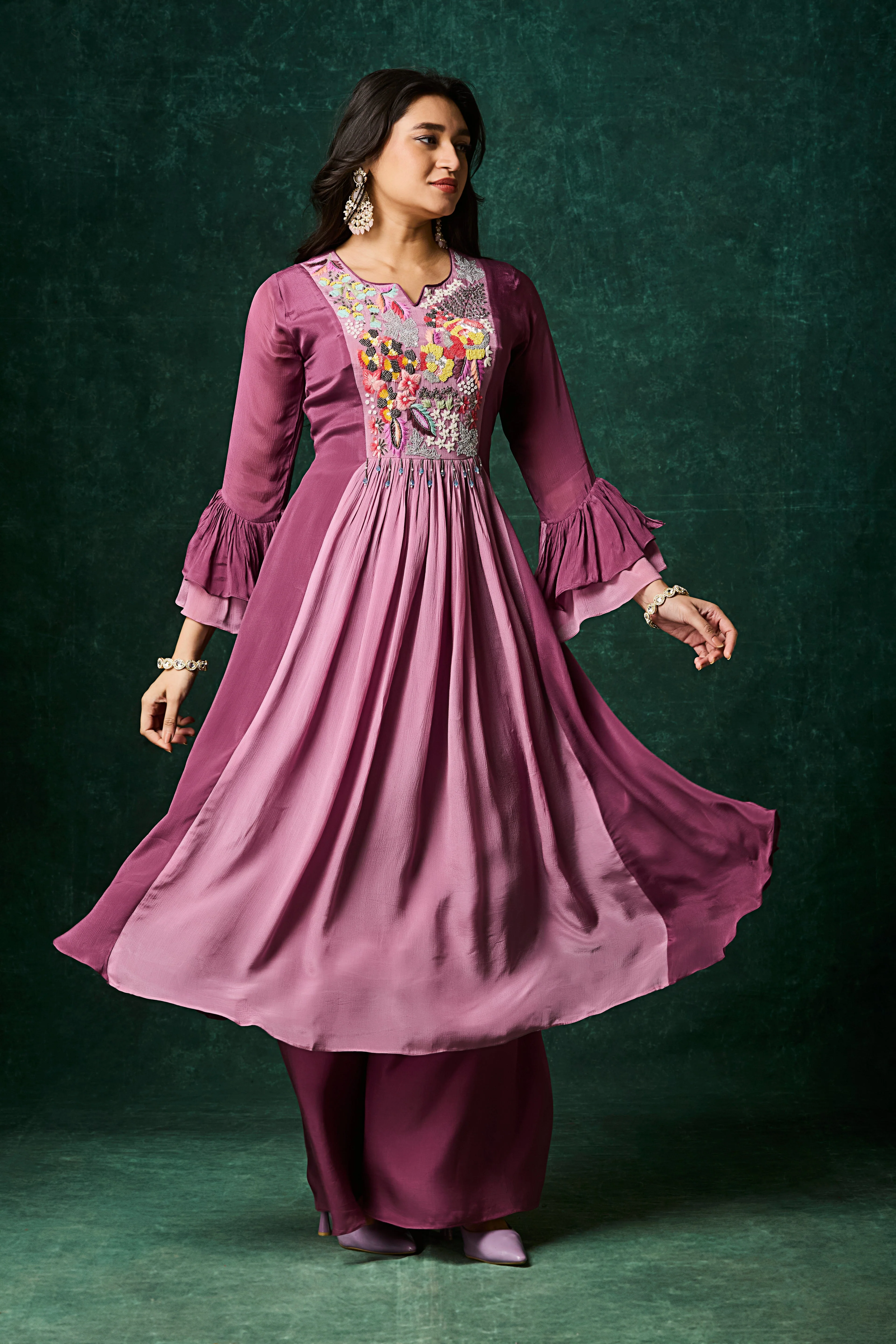 Mulberry Purple Embellished Chinon Silk Palazzo Set - Image 4