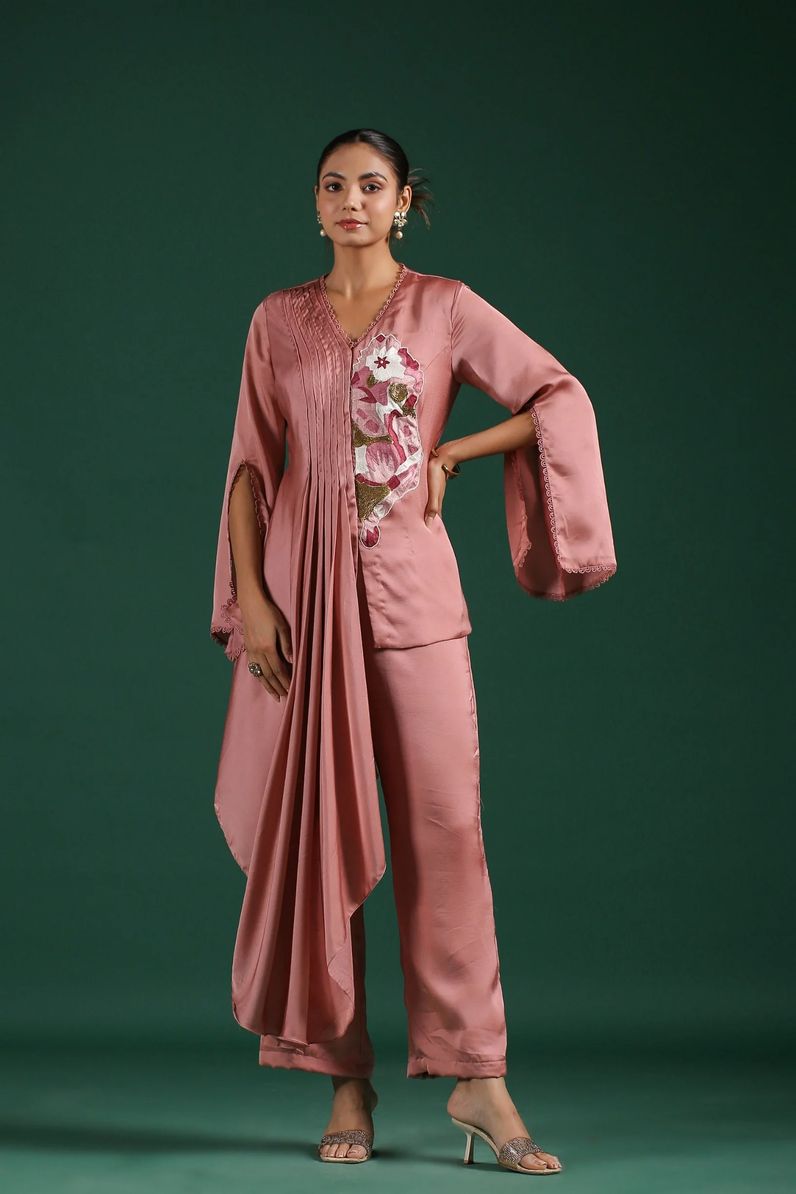 Rosewood Pink Embroidered Mulberry Silk Co-Ord Set - Image 3