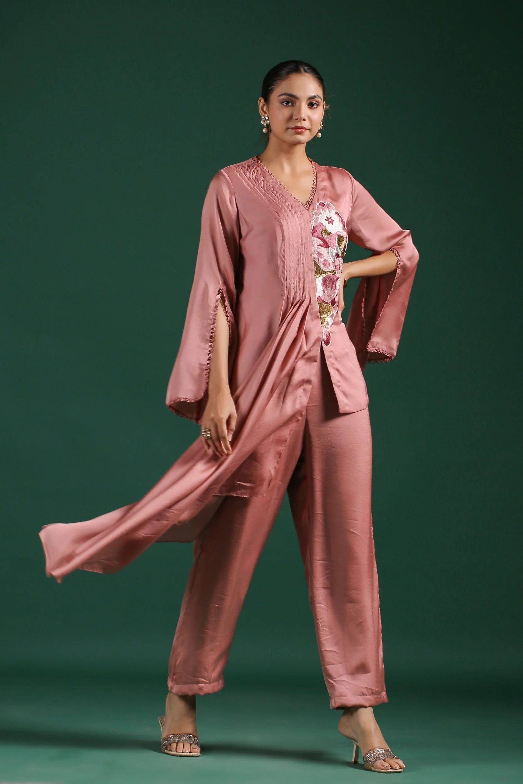 Rosewood Pink Embroidered Mulberry Silk Co-Ord Set - Image 4