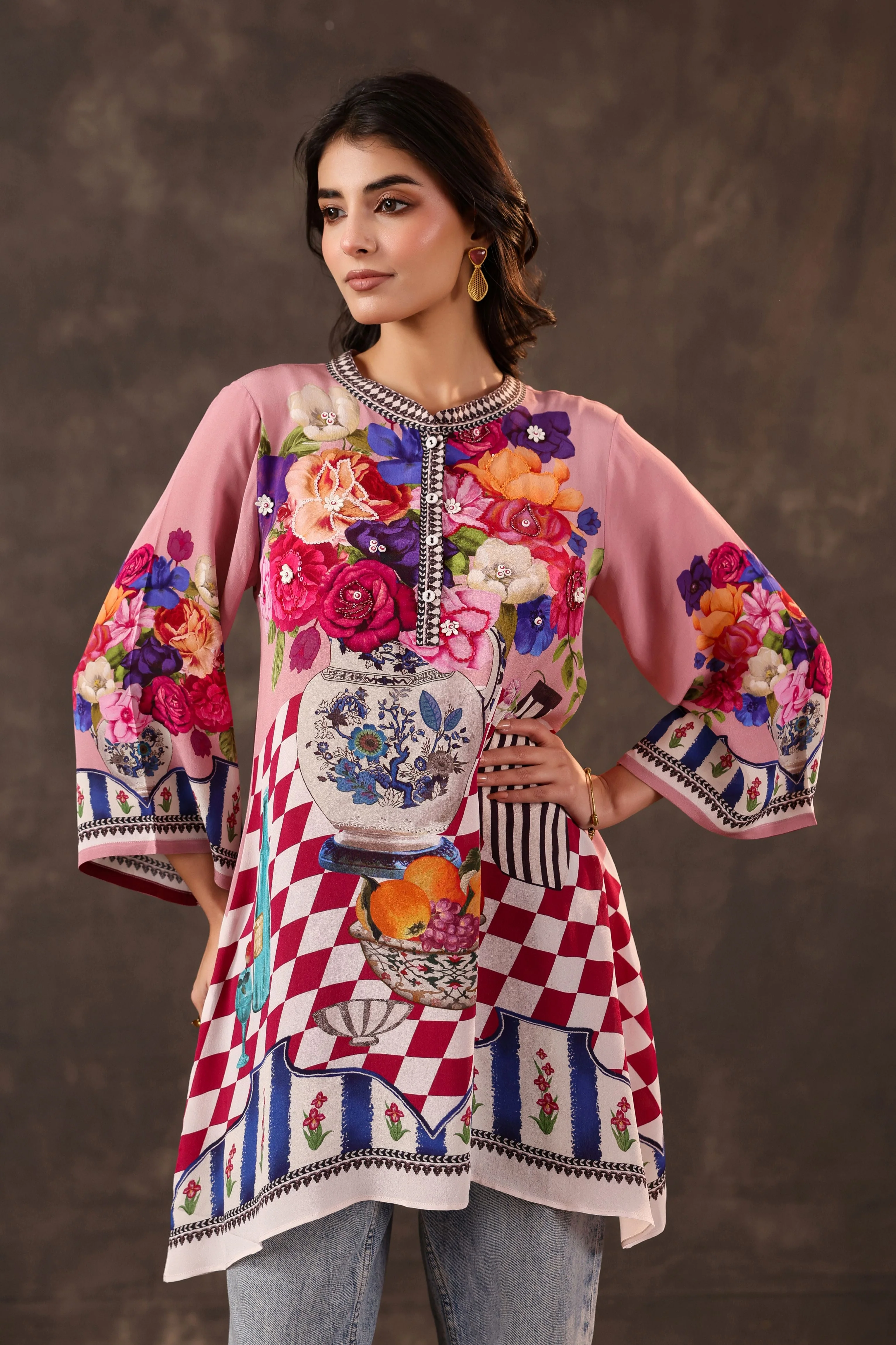 Rosy Still-Life Printed Crepe Silk Top
