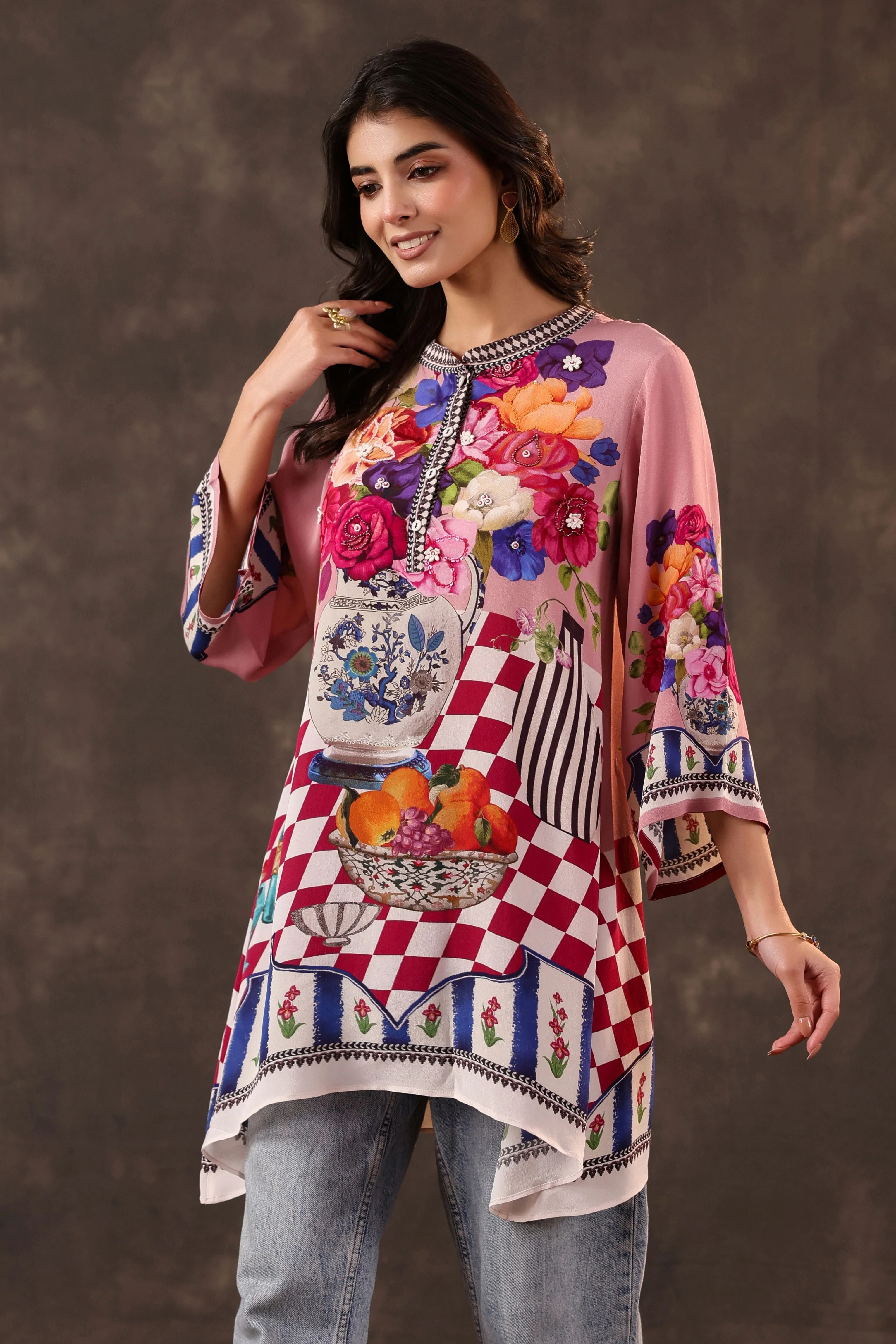 Rosy Still-Life Printed Crepe Silk Top - Image 3