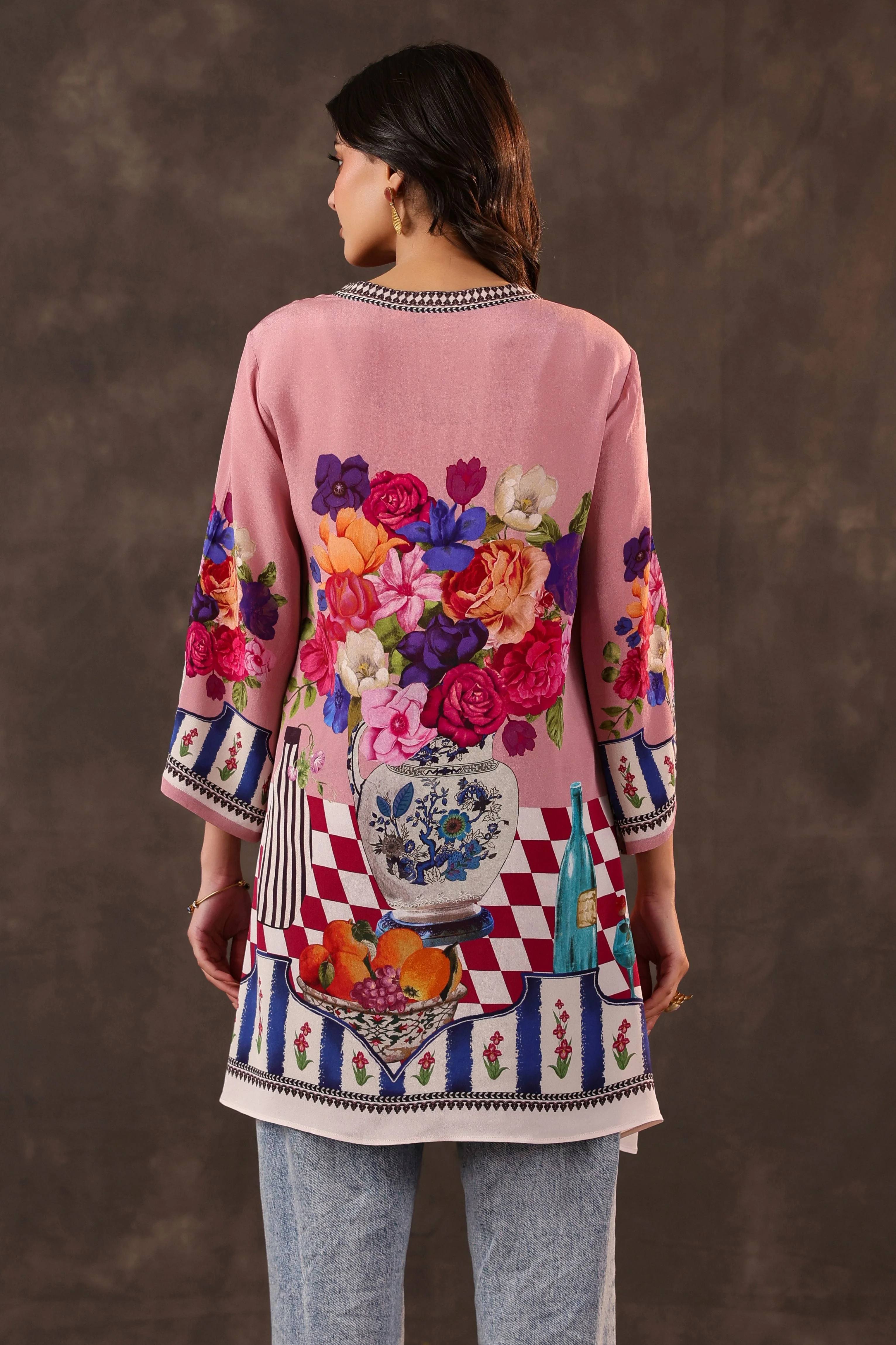 Rosy Still-Life Printed Crepe Silk Top - Image 4