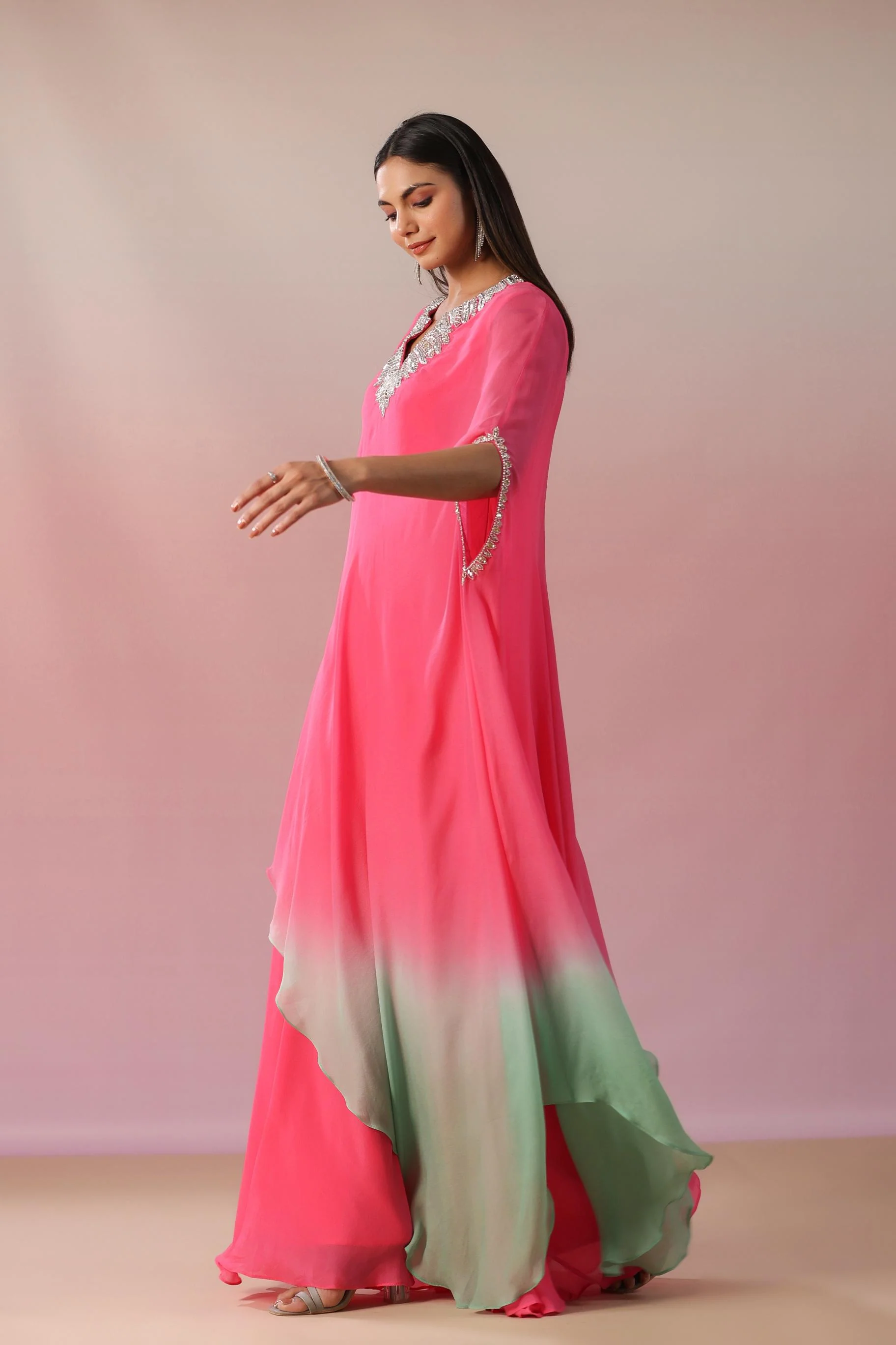Rouge Pink Embellished Vama Georgette Silk Asymmetrical Dress - Image 3