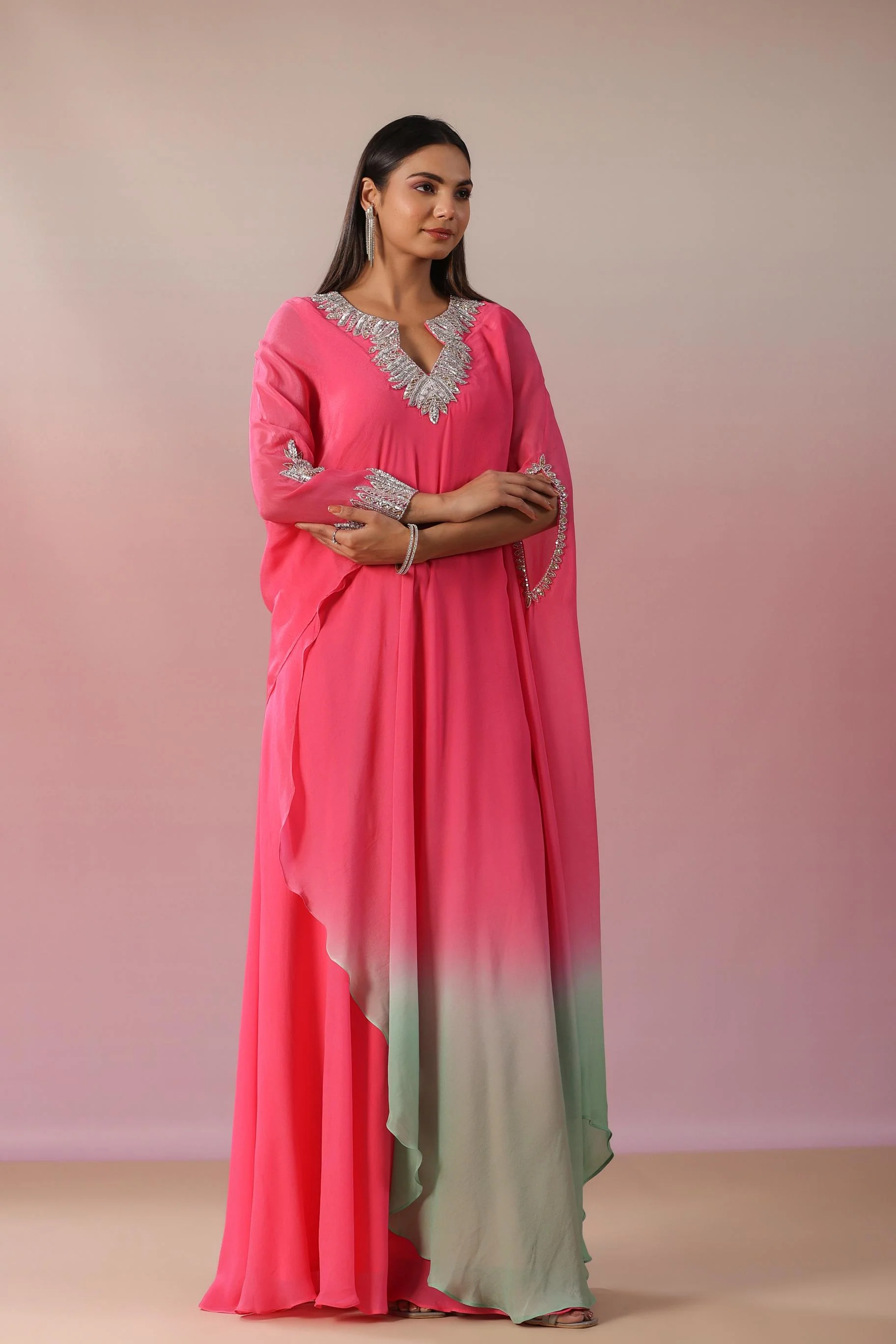 Rouge Pink Embellished Vama Georgette Silk Asymmetrical Dress - Image 4