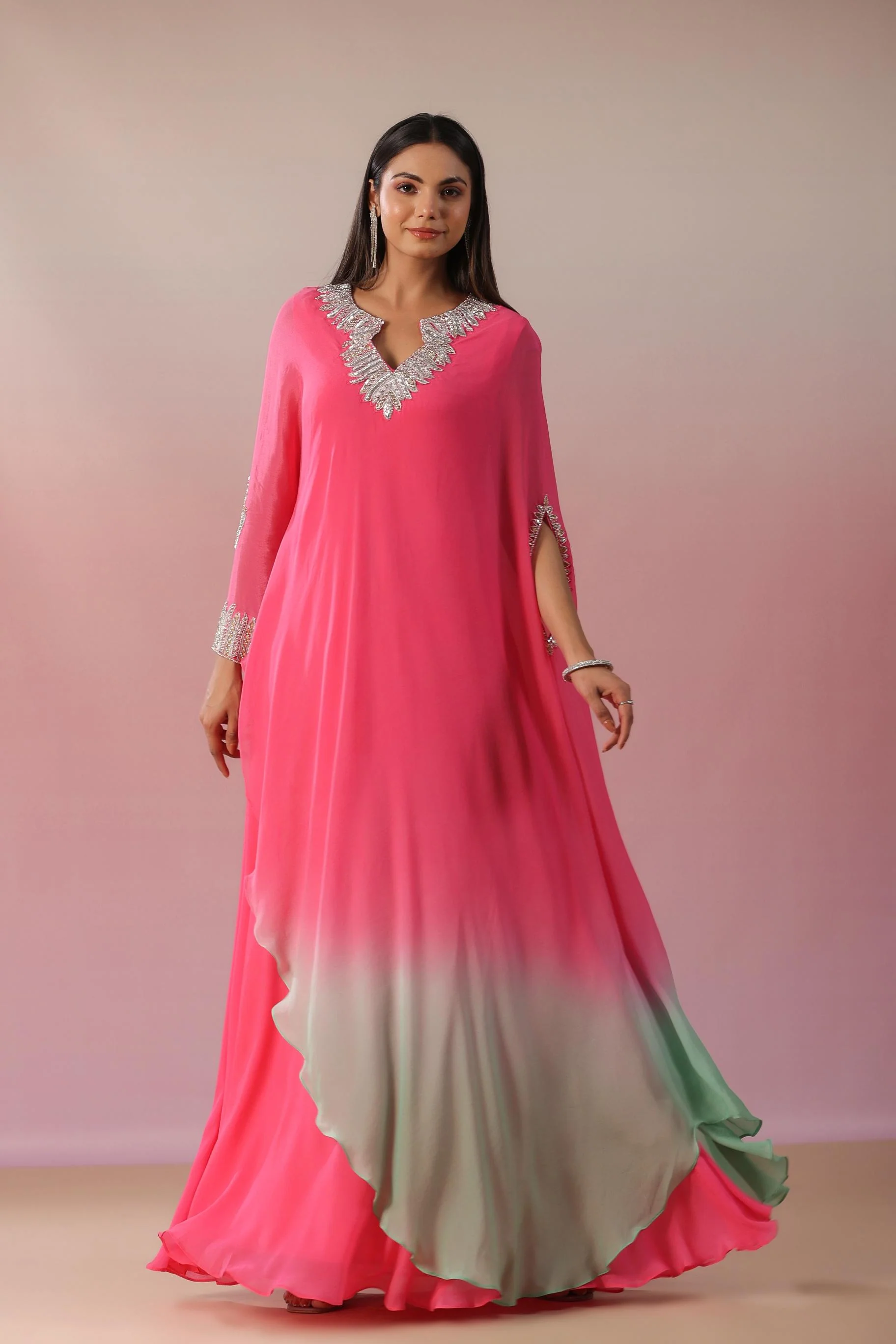 Rouge Pink Embellished Vama Georgette Silk Asymmetrical Dress - Image 6