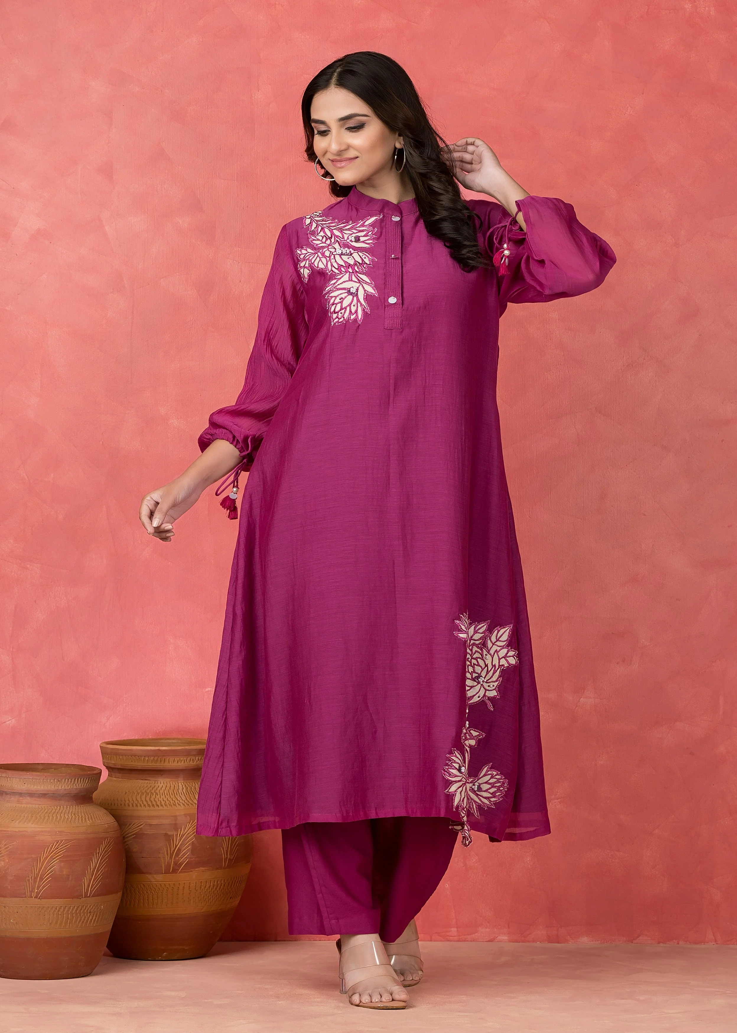 Rouge Pink Embroidered Mul Chanderi Kurta Set