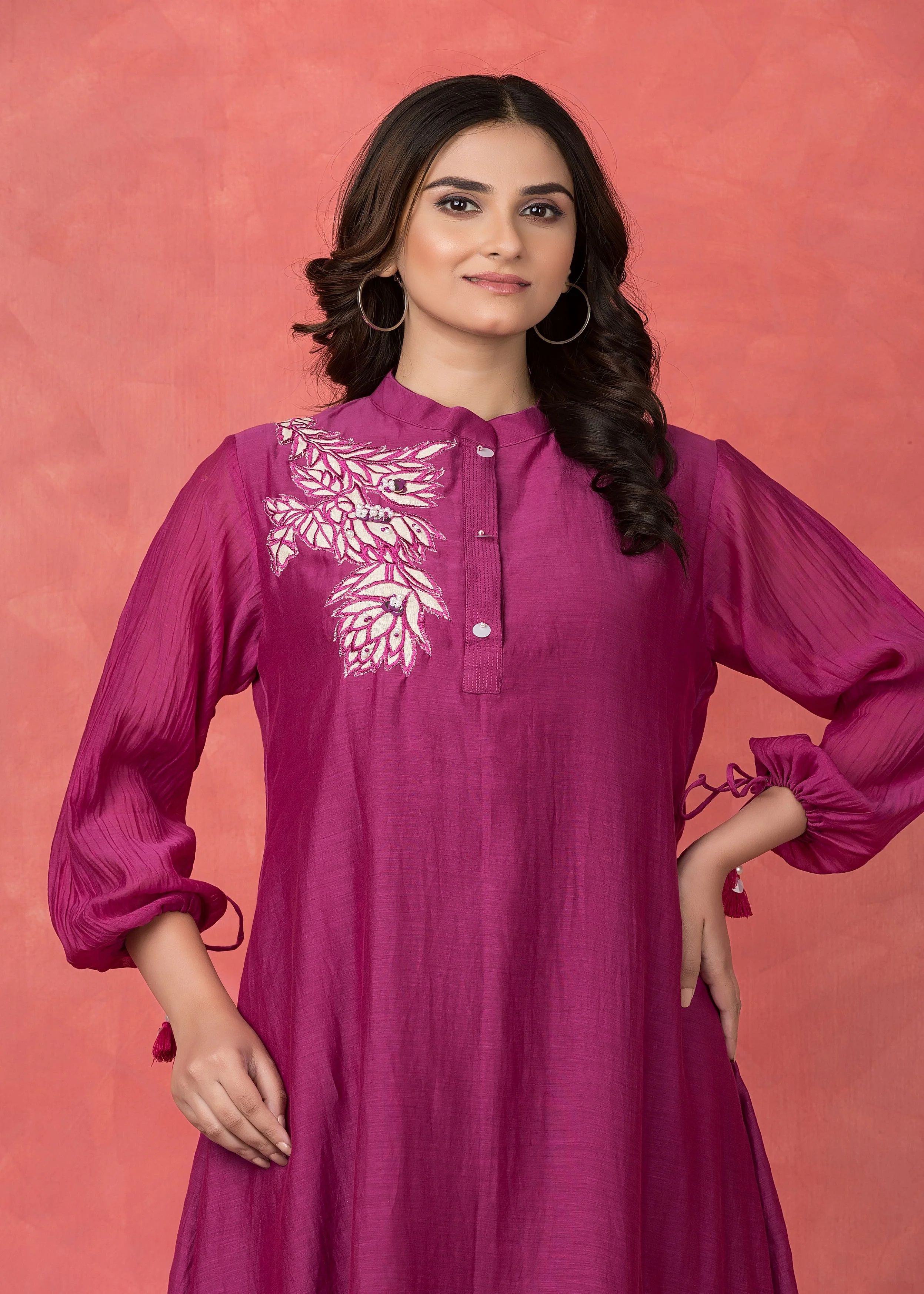 Rouge Pink Embroidered Mul Chanderi Kurta Set - Image 2