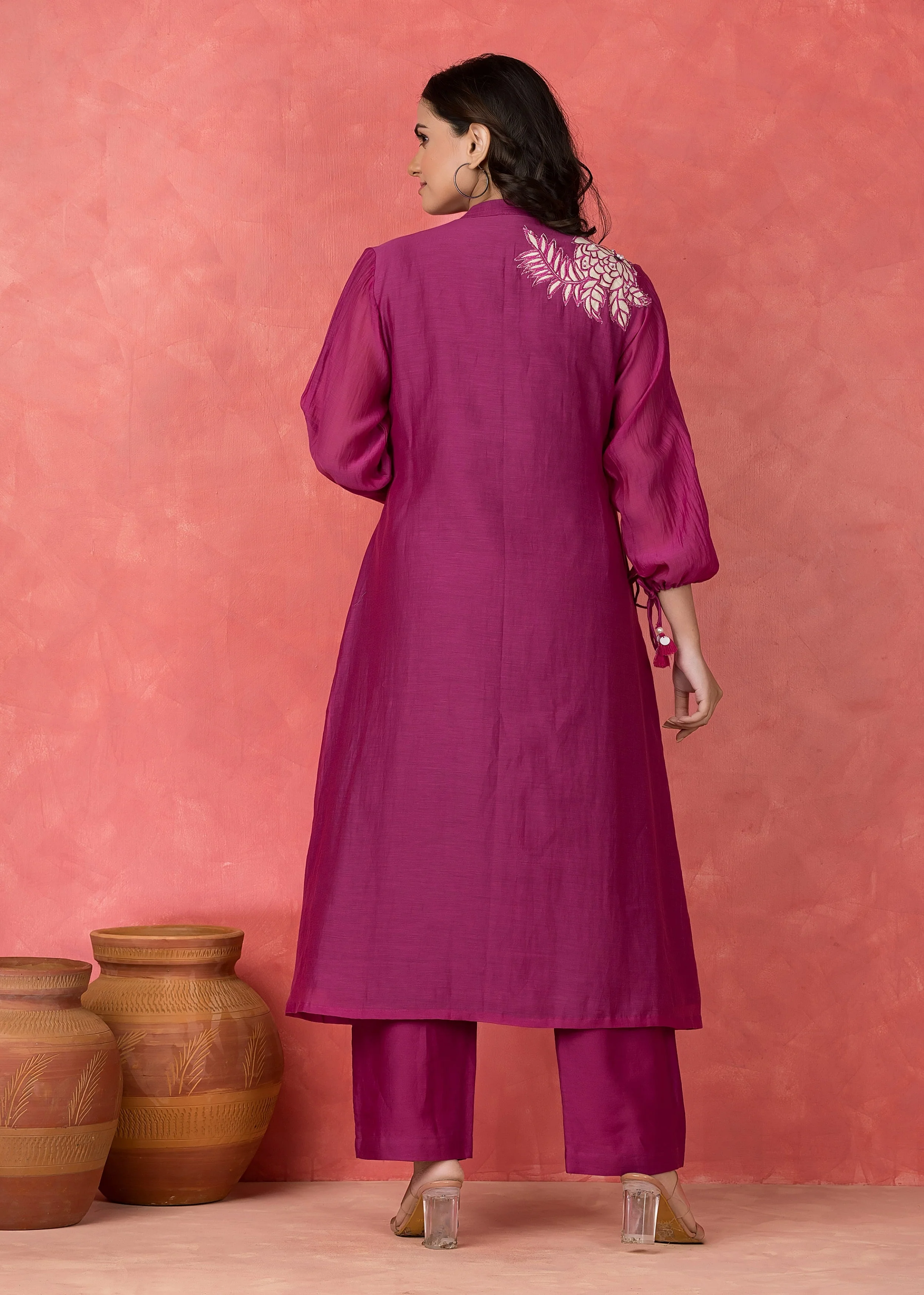 Rouge Pink Embroidered Mul Chanderi Kurta Set - Image 3