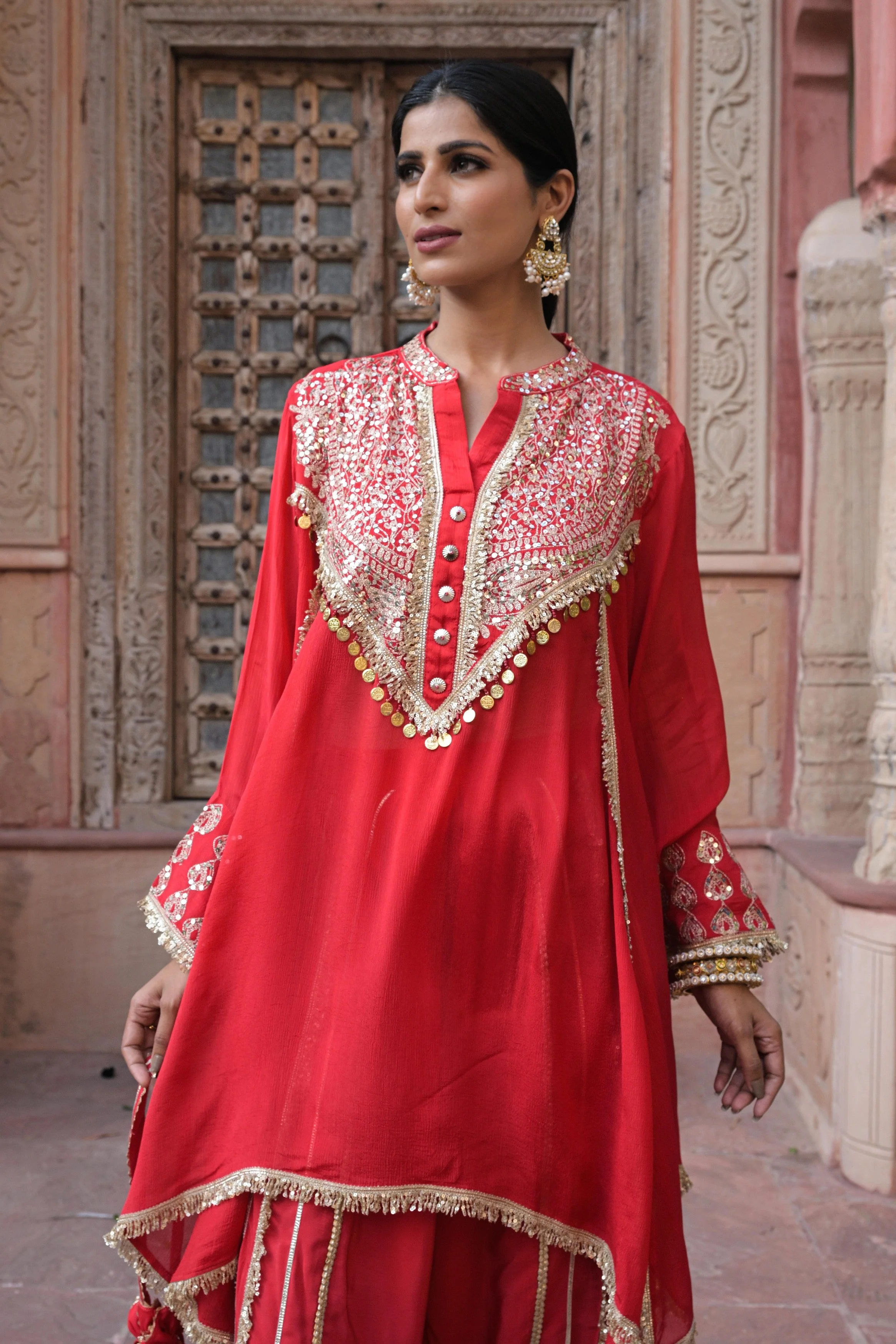Bright Red Embellished Chinon Silk Dhoti Set - Image 3