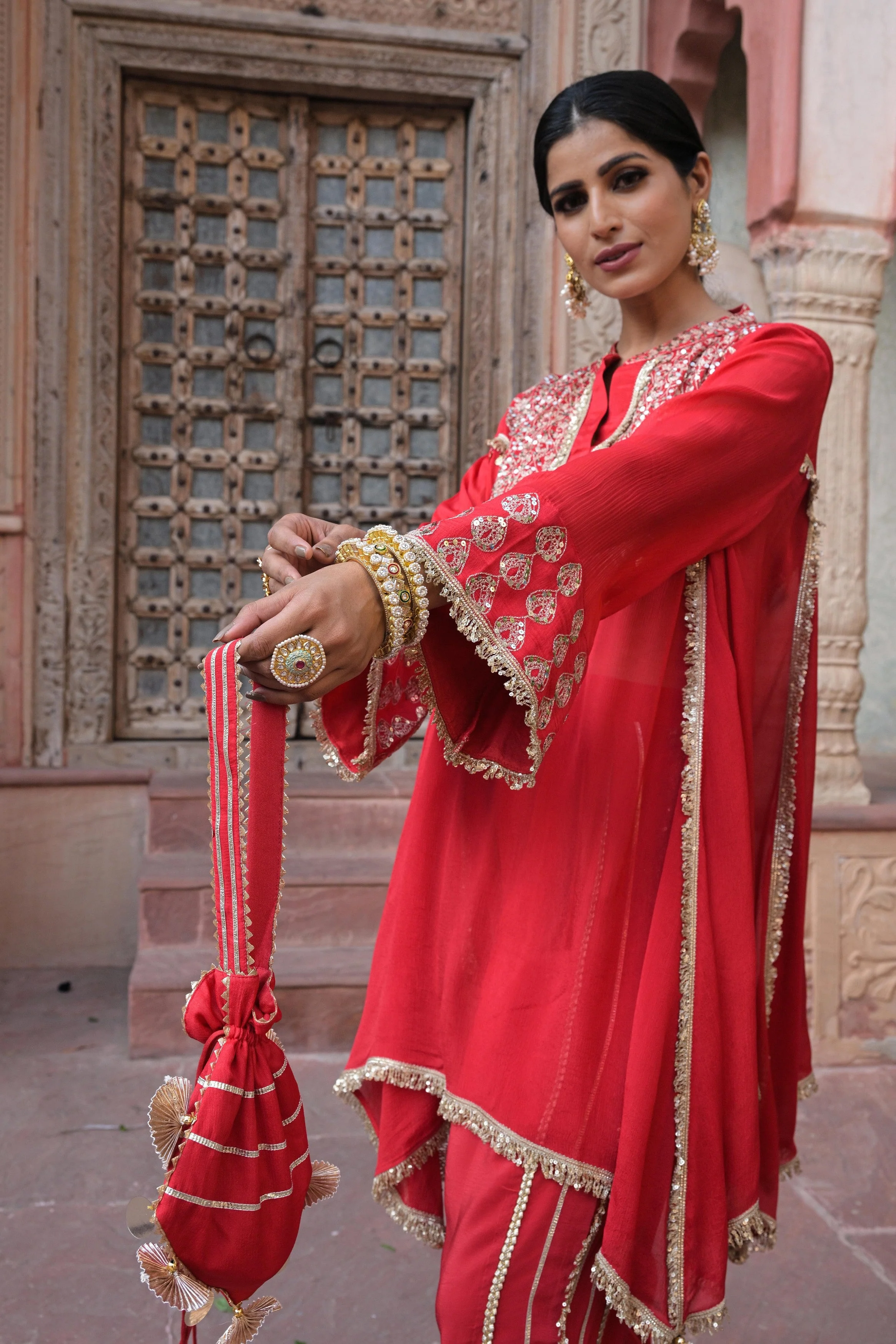 Bright Red Embellished Chinon Silk Dhoti Set - Image 4