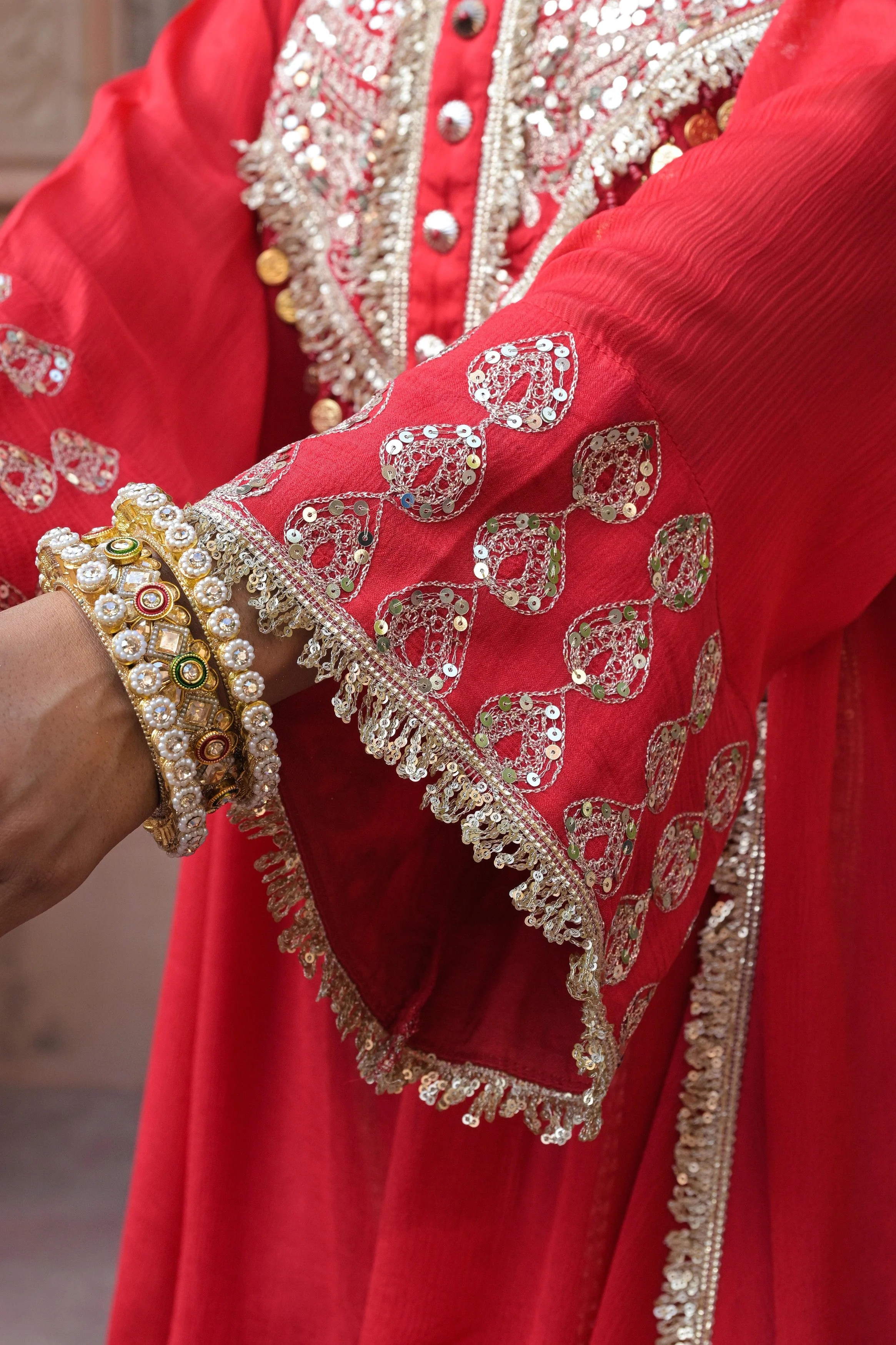 Bright Red Embellished Chinon Silk Dhoti Set - Image 5