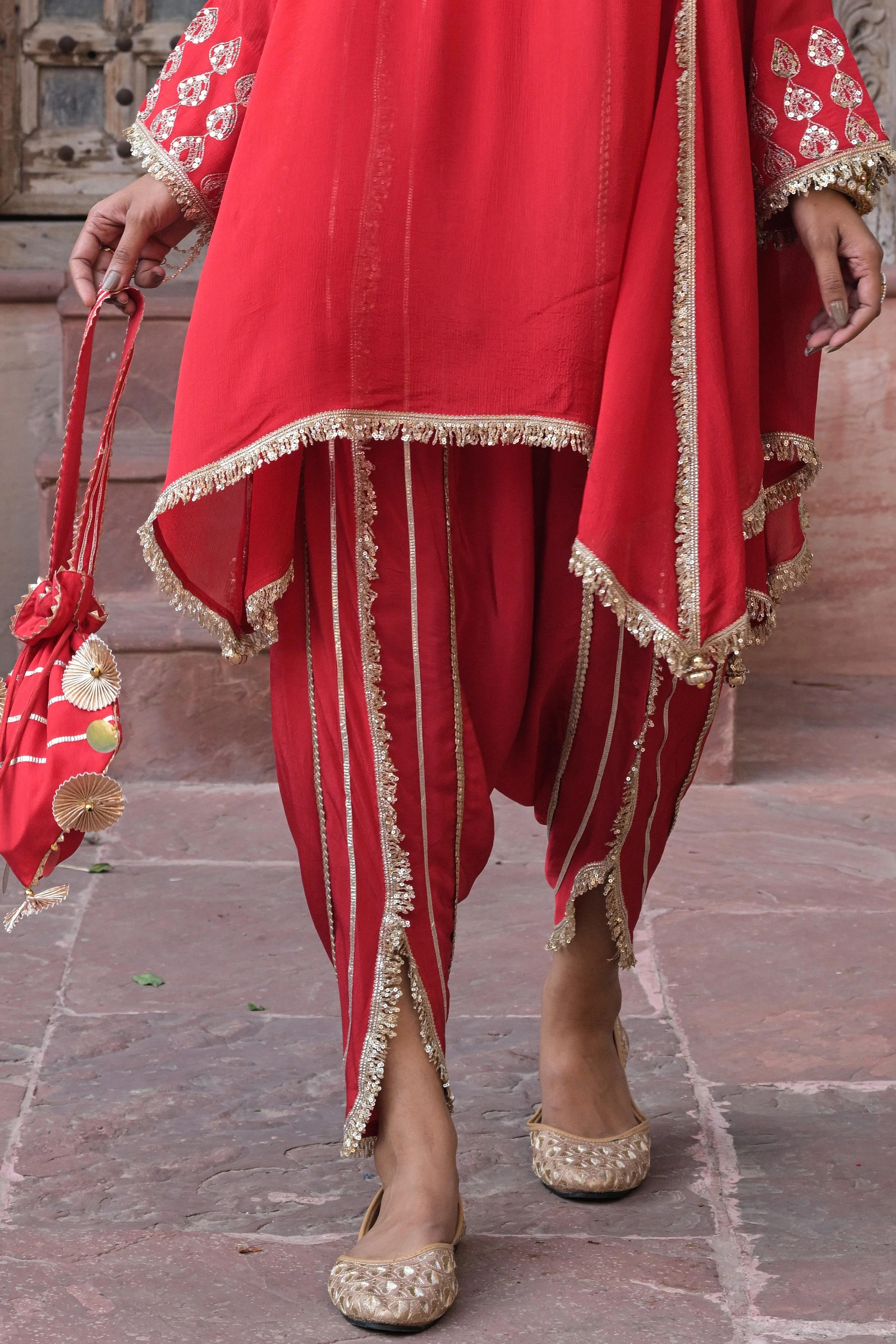 Bright Red Embellished Chinon Silk Dhoti Set - Image 6
