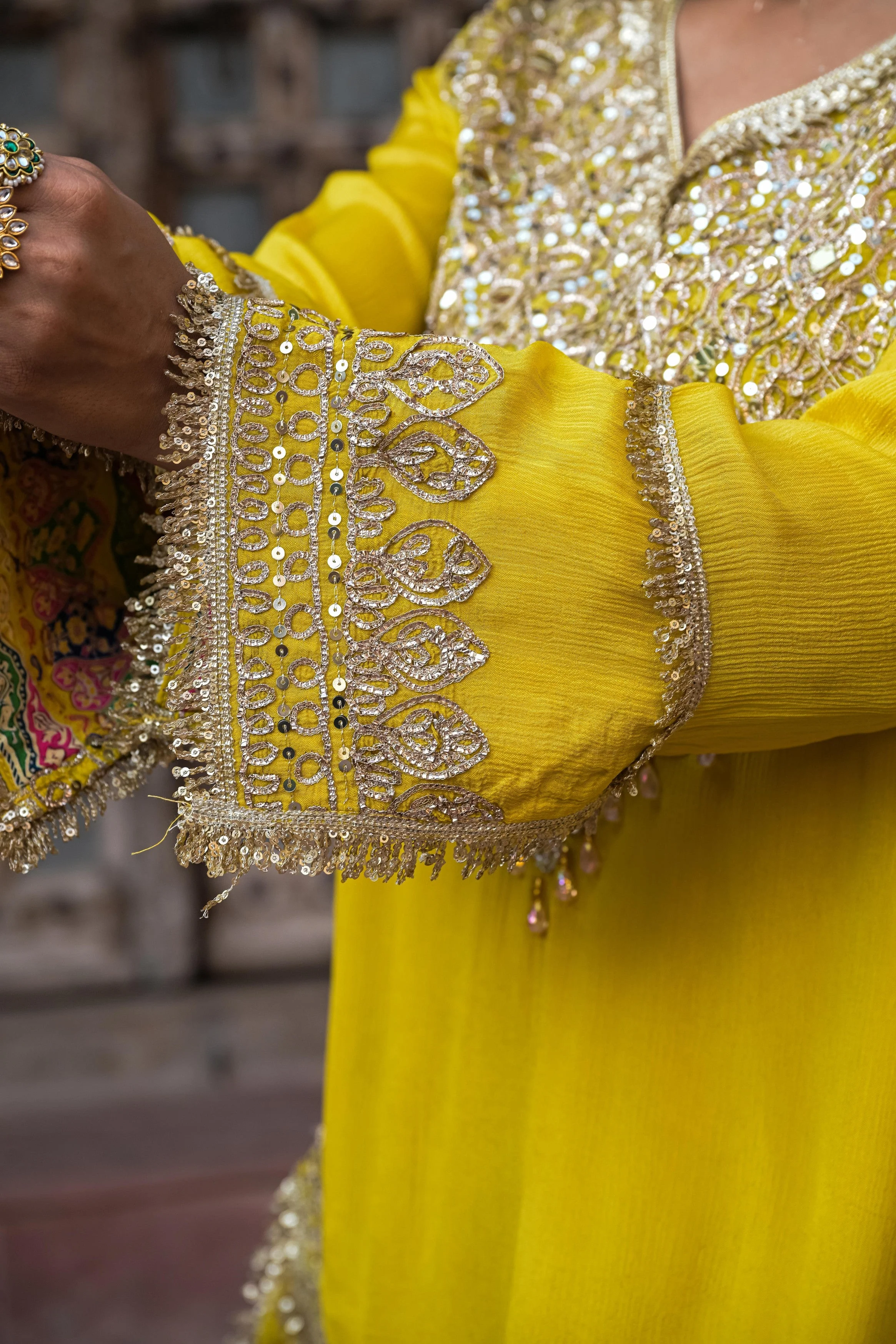 Lemon Yellow Embellished Chinon Silk Sharara Set - Image 3