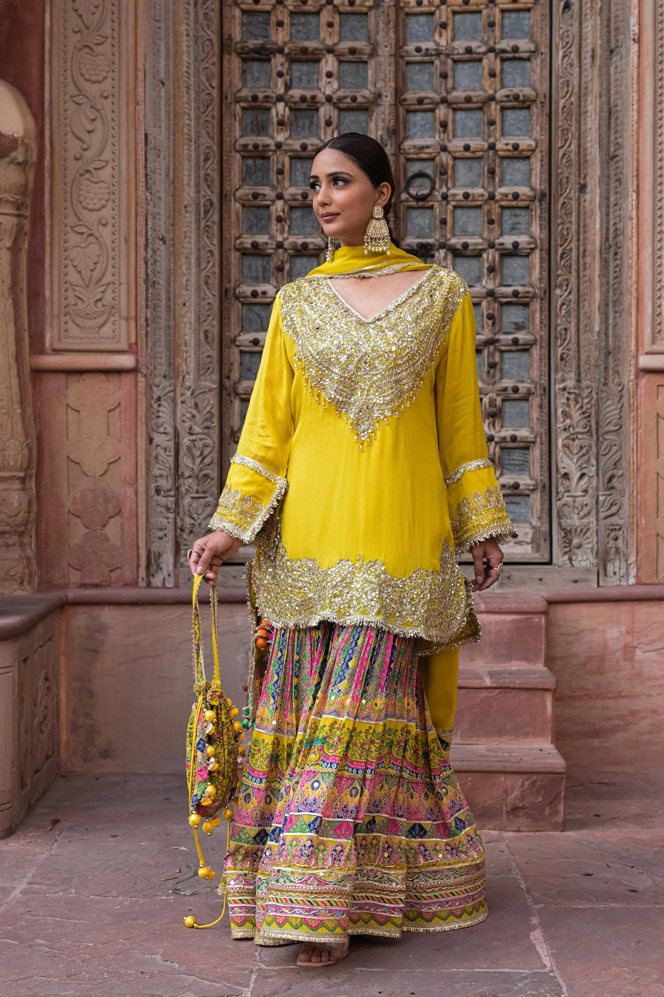 Lemon Yellow Embellished Chinon Silk Sharara Set - Image 4