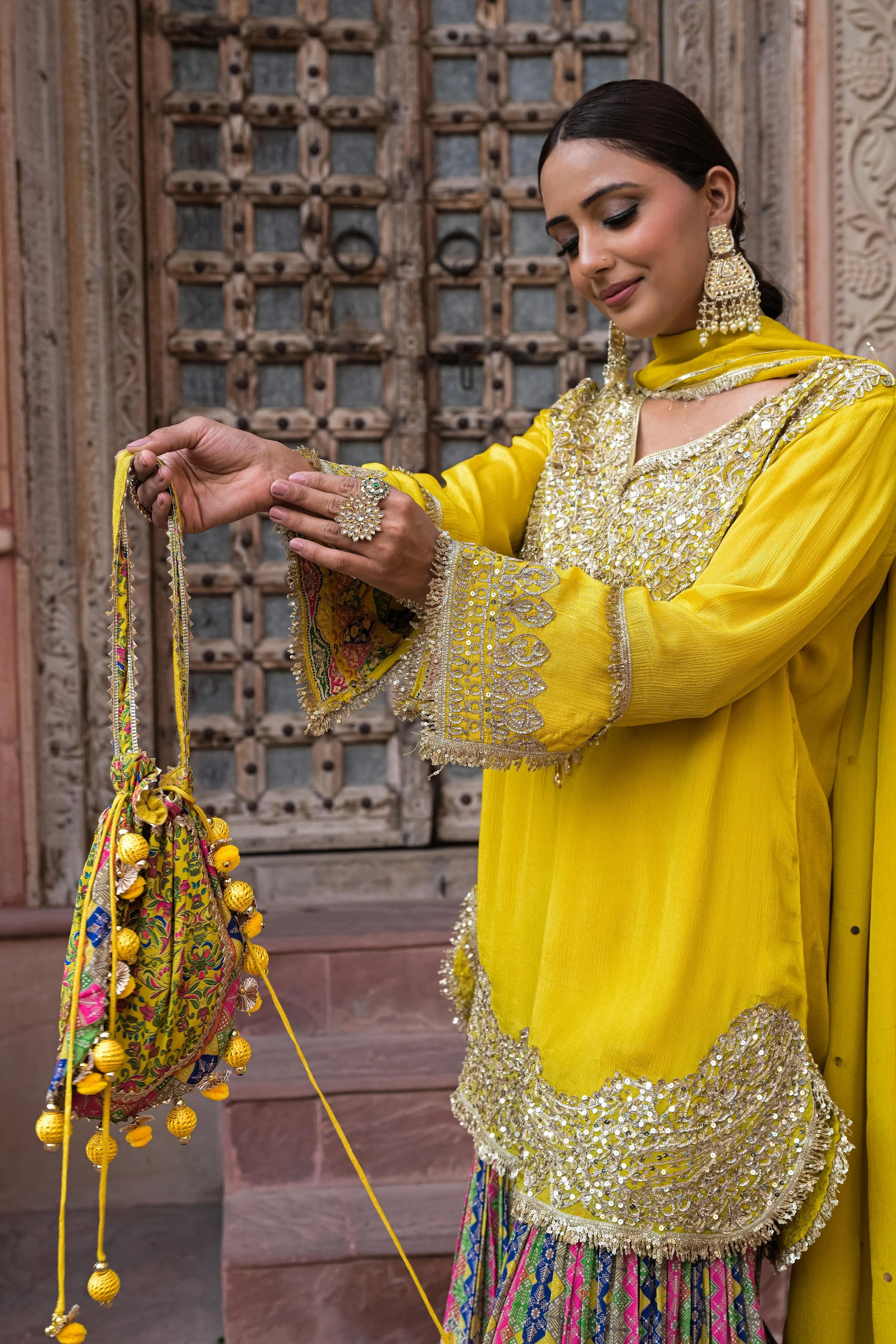 Lemon Yellow Embellished Chinon Silk Sharara Set - Image 5