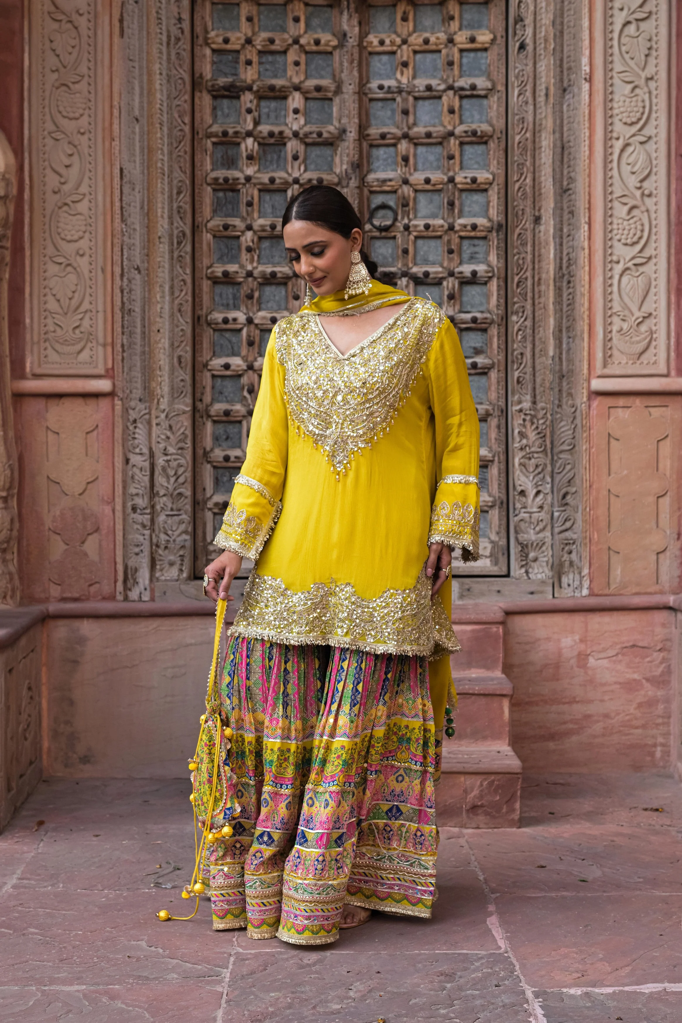 Lemon Yellow Embellished Chinon Silk Sharara Set - Image 6