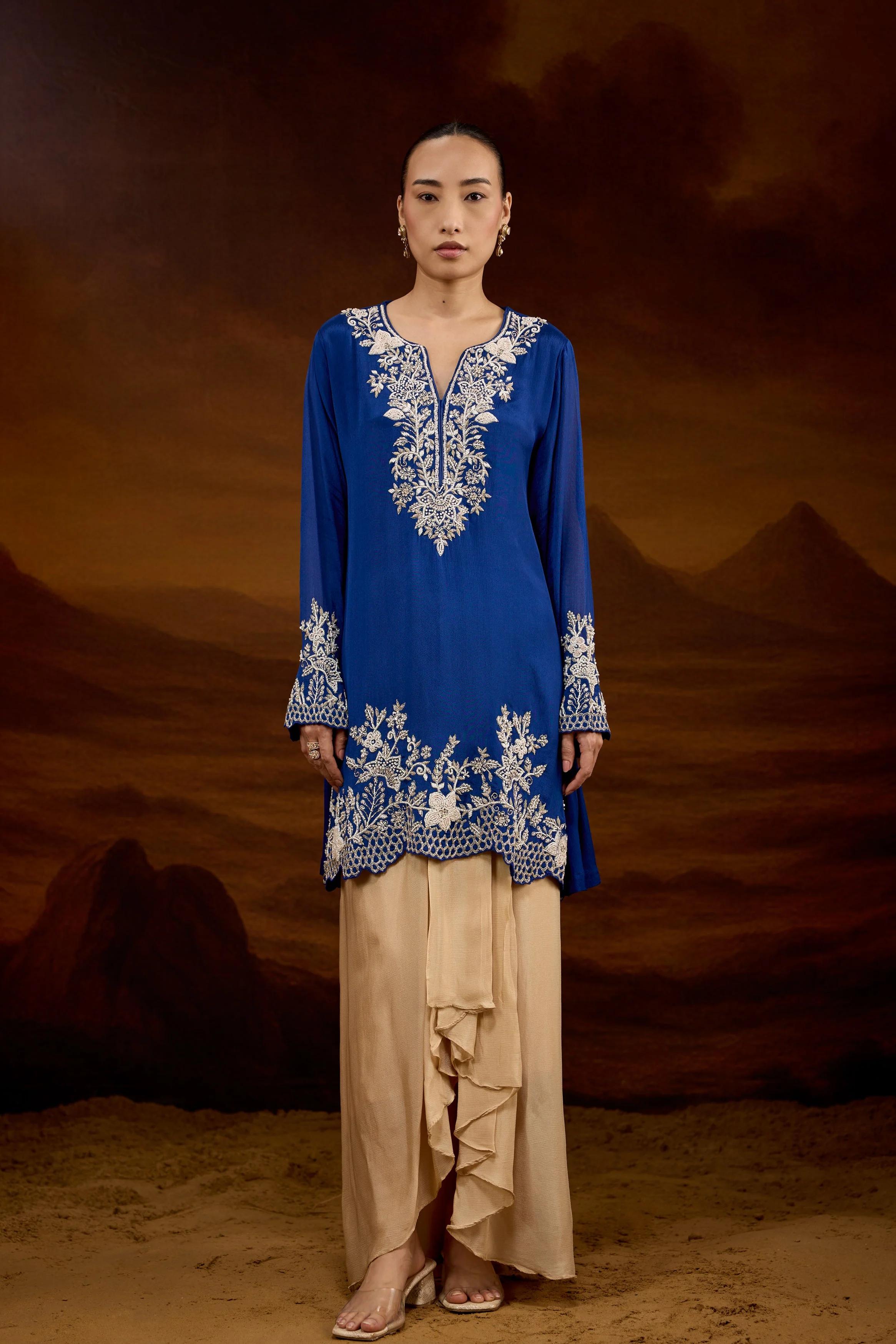 Royal Blue Embellished Chinon Silk Skirt Set