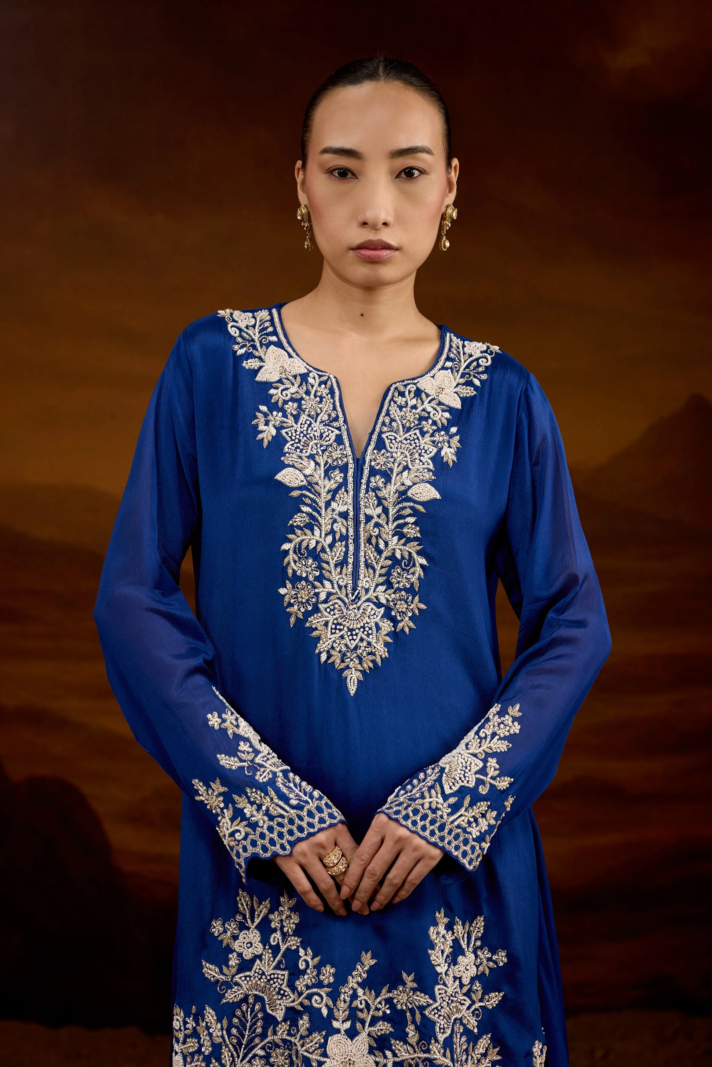 Royal Blue Embellished Chinon Silk Skirt Set - Image 3