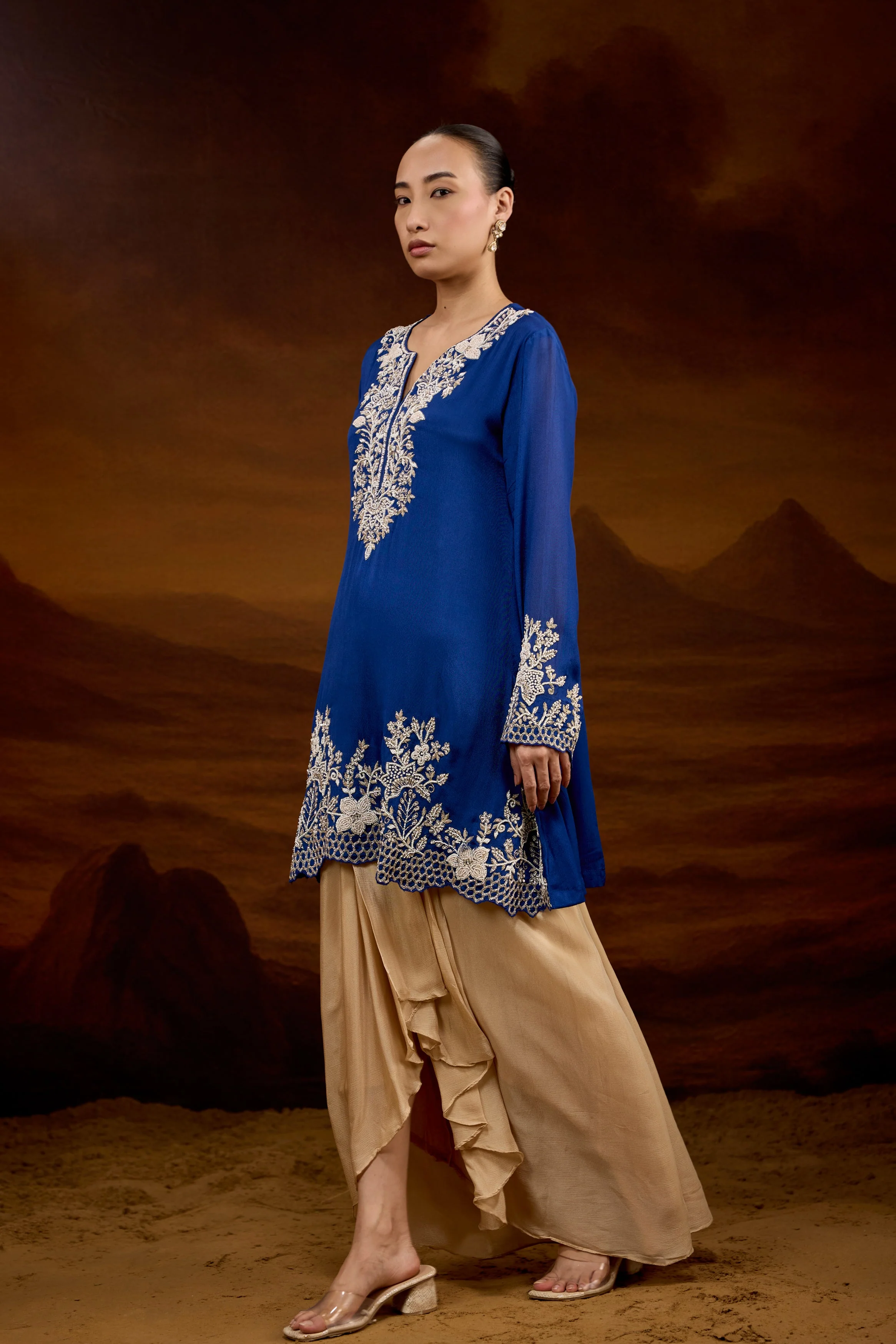 Royal Blue Embellished Chinon Silk Skirt Set - Image 4
