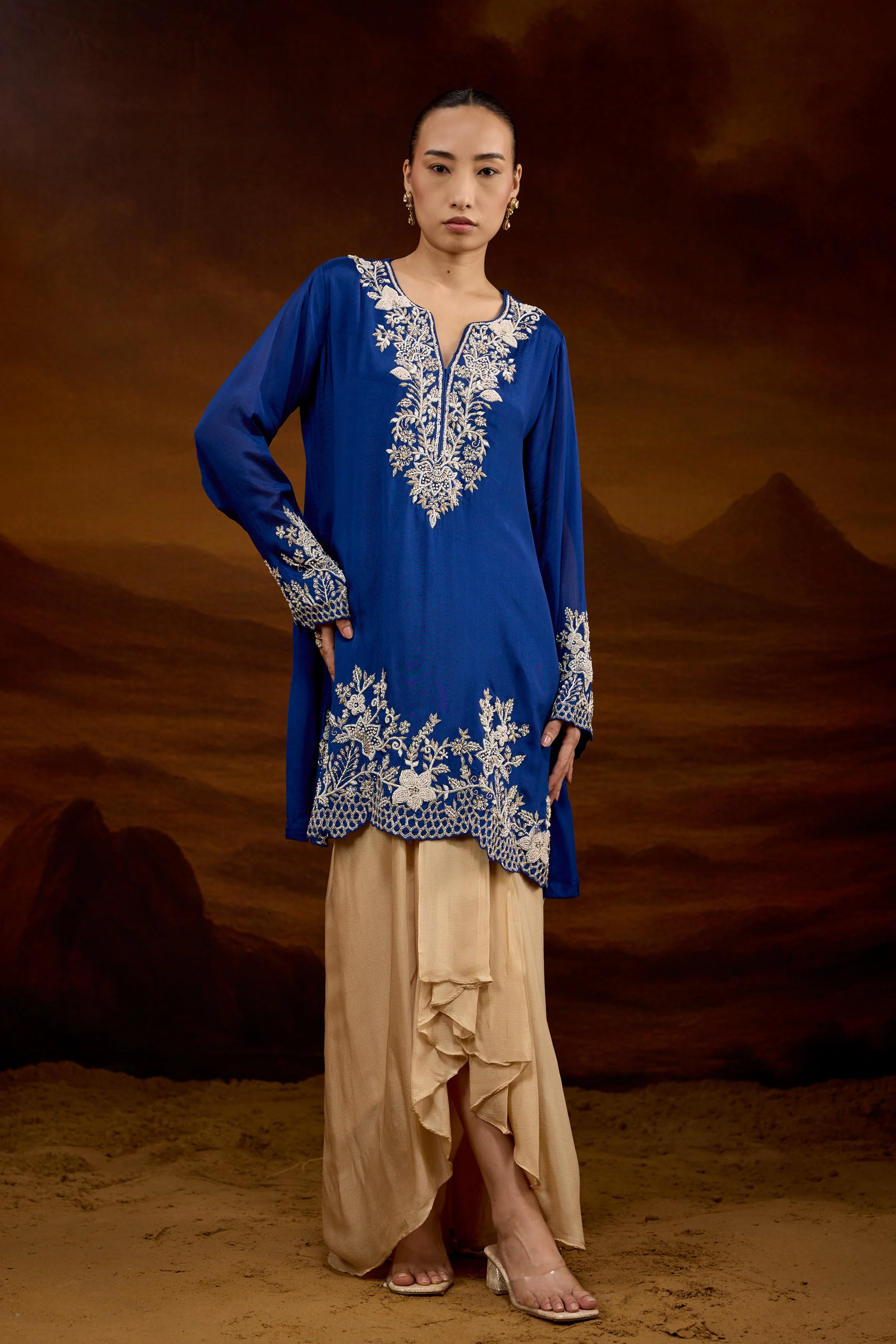 Royal Blue Embellished Chinon Silk Skirt Set - Image 5
