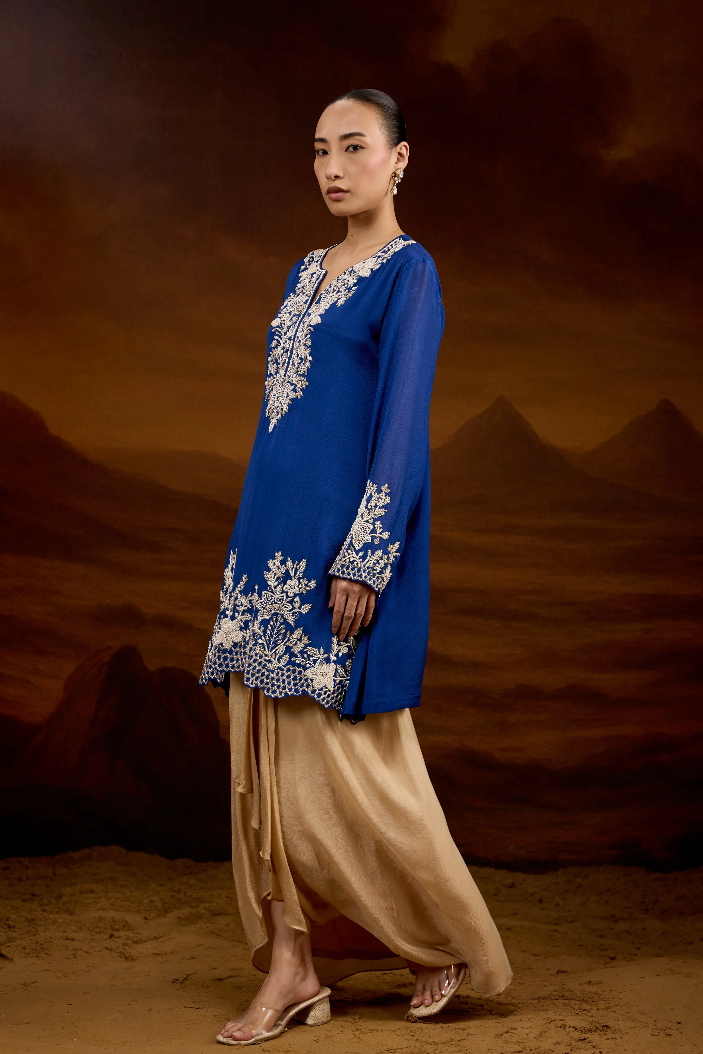 Royal Blue Embellished Chinon Silk Skirt Set - Image 6