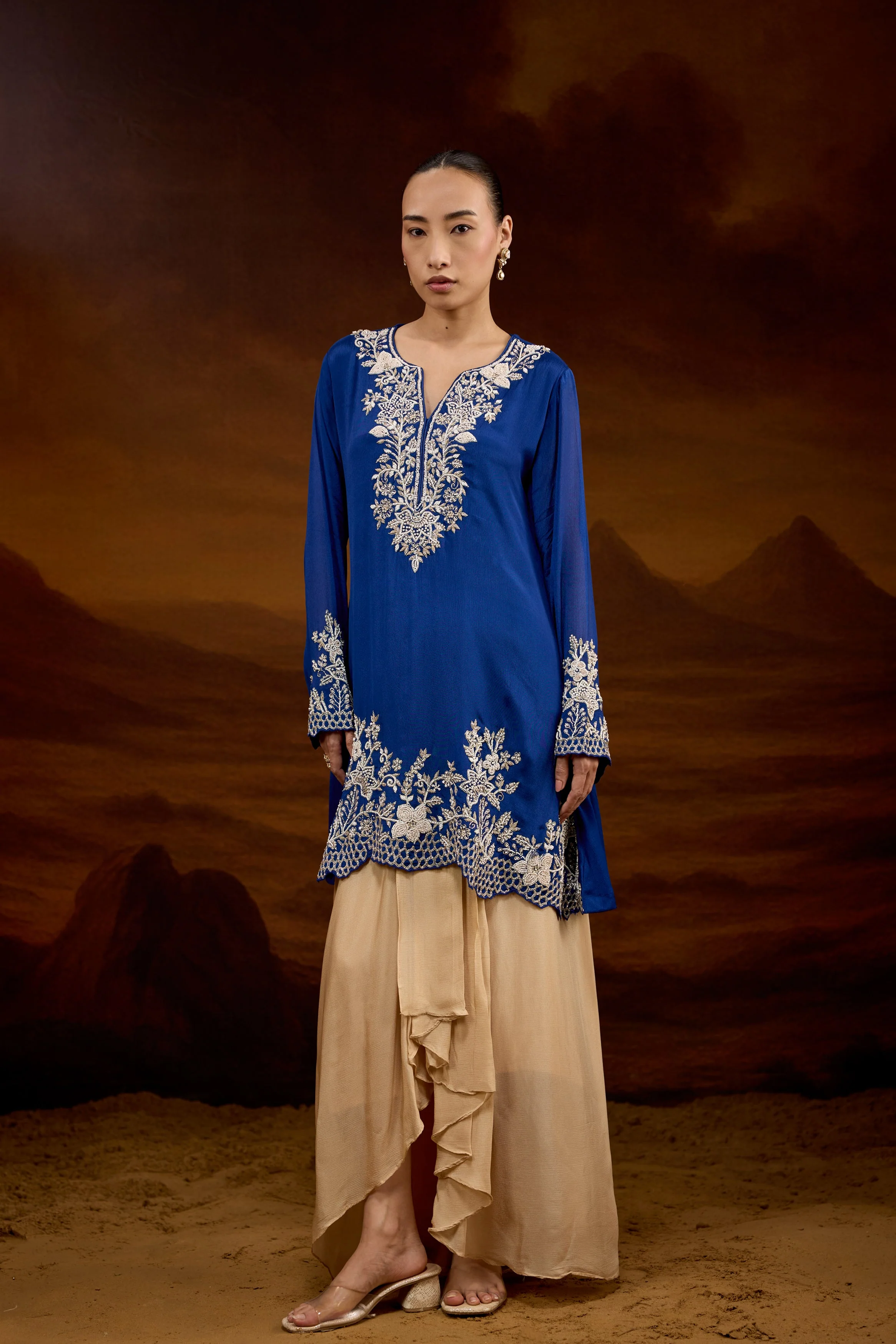 Royal Blue Embellished Chinon Silk Skirt Set - Image 7