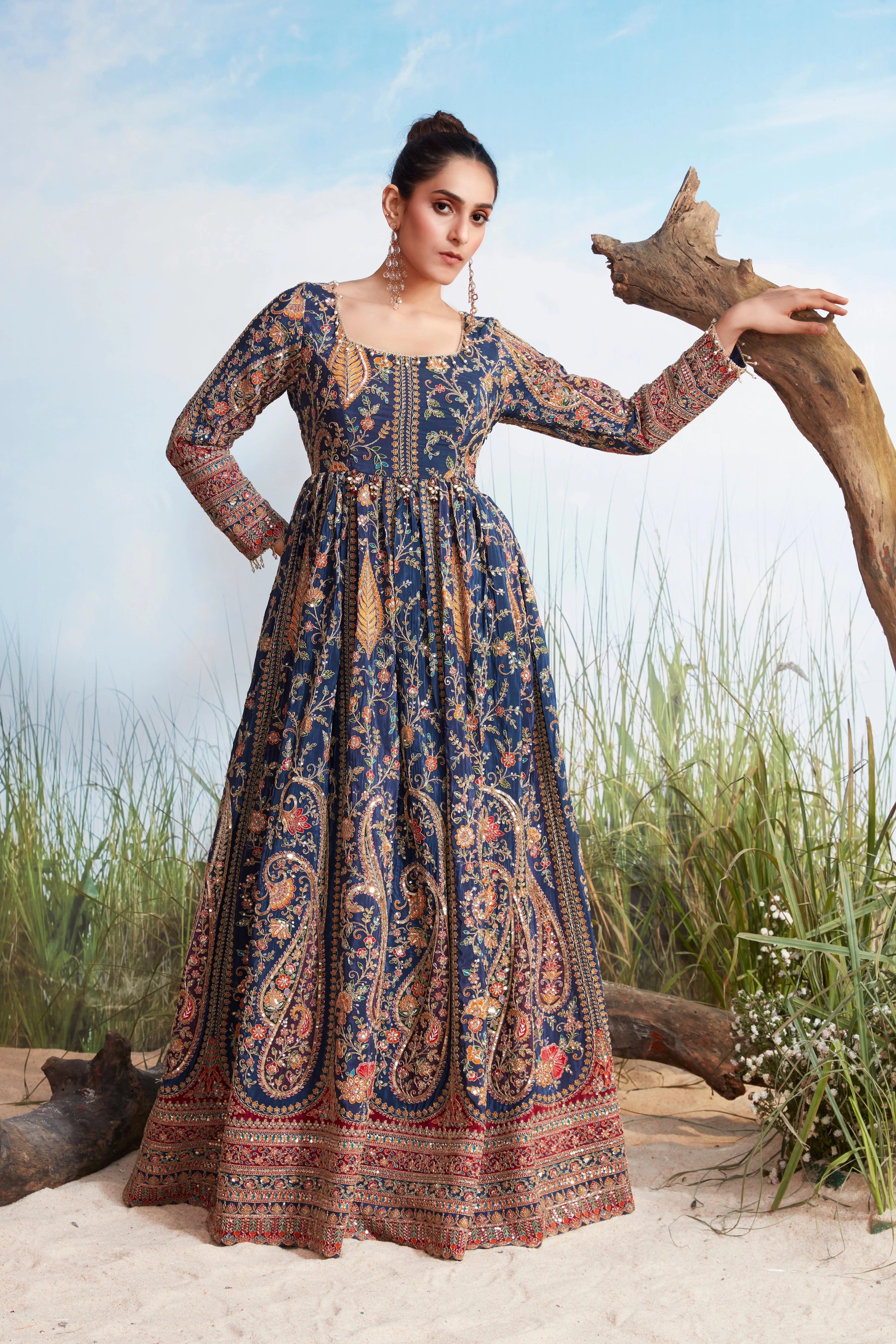 Royal Blue Embellished Chinon Silk Anarkali Gown - Image 2