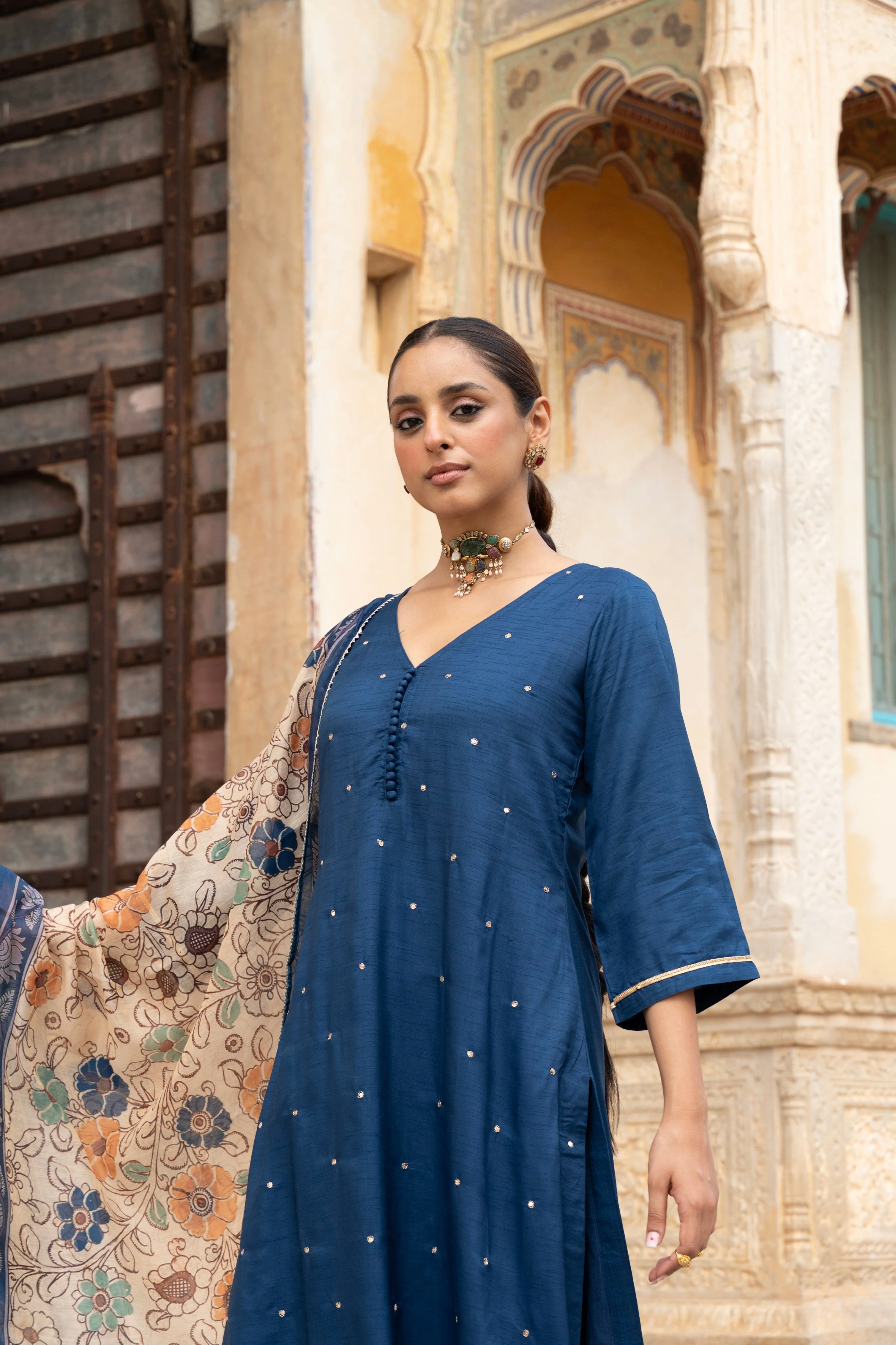 Royal Blue Embellished Dola Silk Pant Set - Image 2