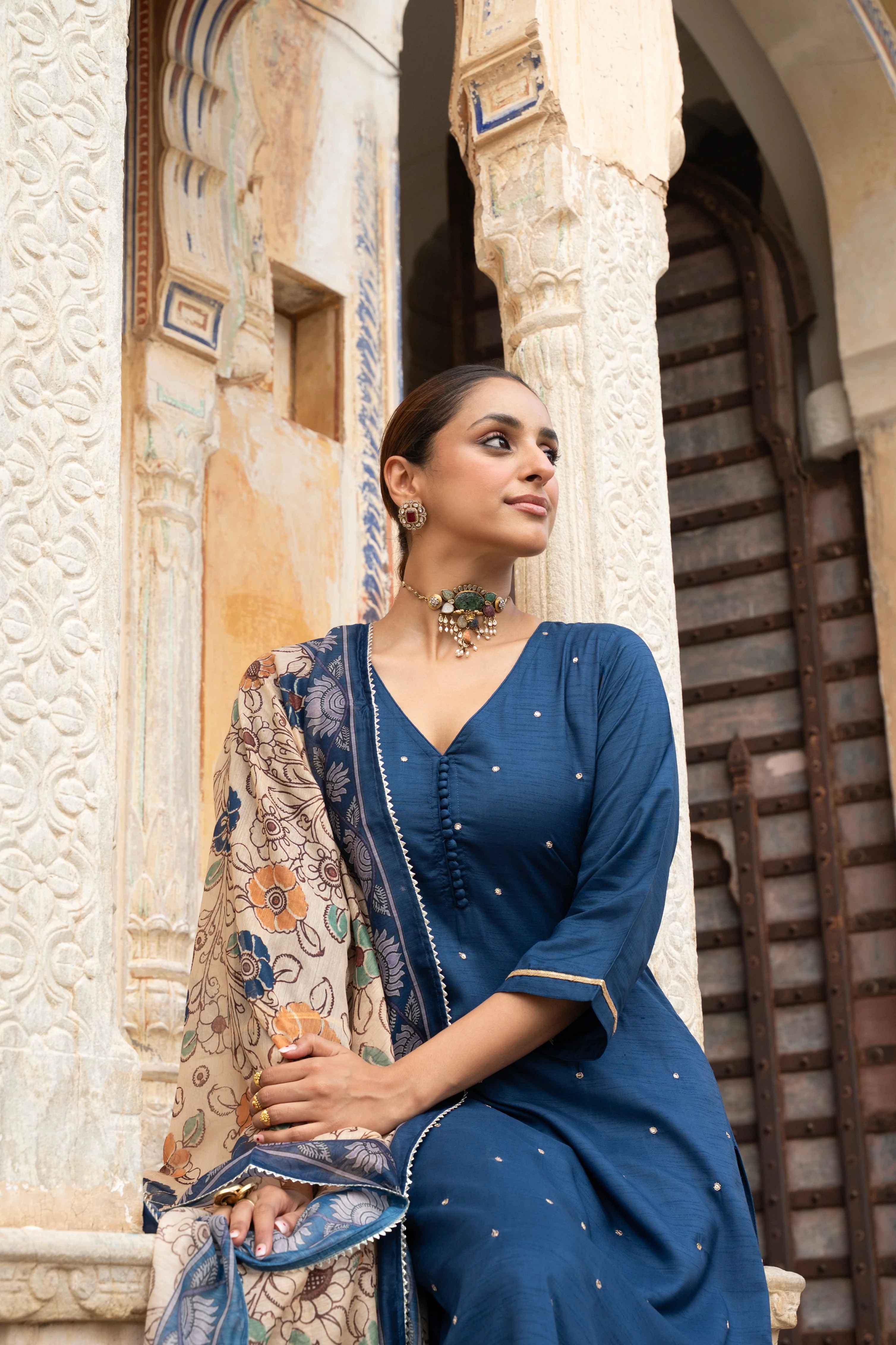 Royal Blue Embellished Dola Silk Pant Set - Image 3