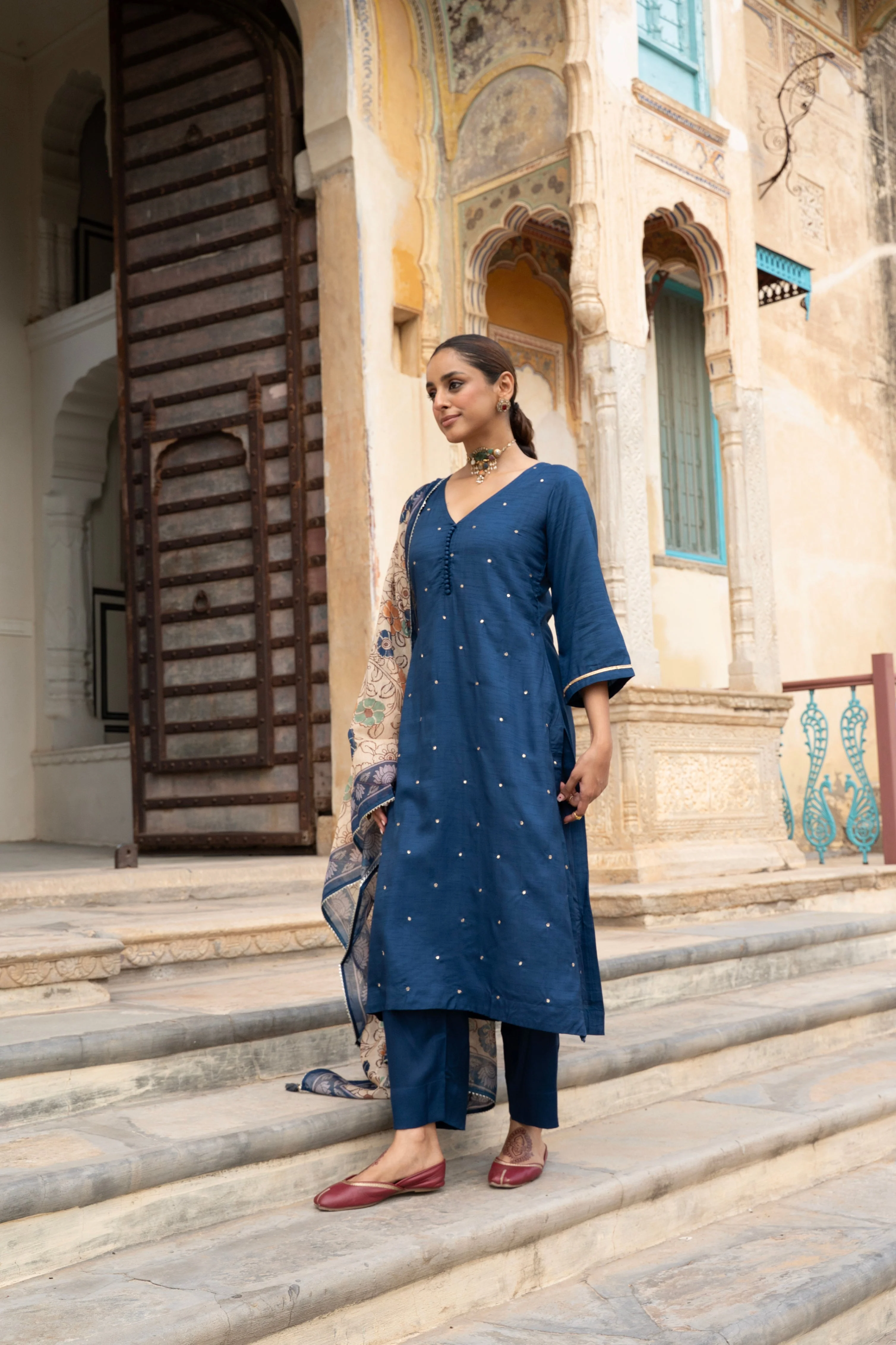 Royal Blue Embellished Dola Silk Pant Set - Image 4