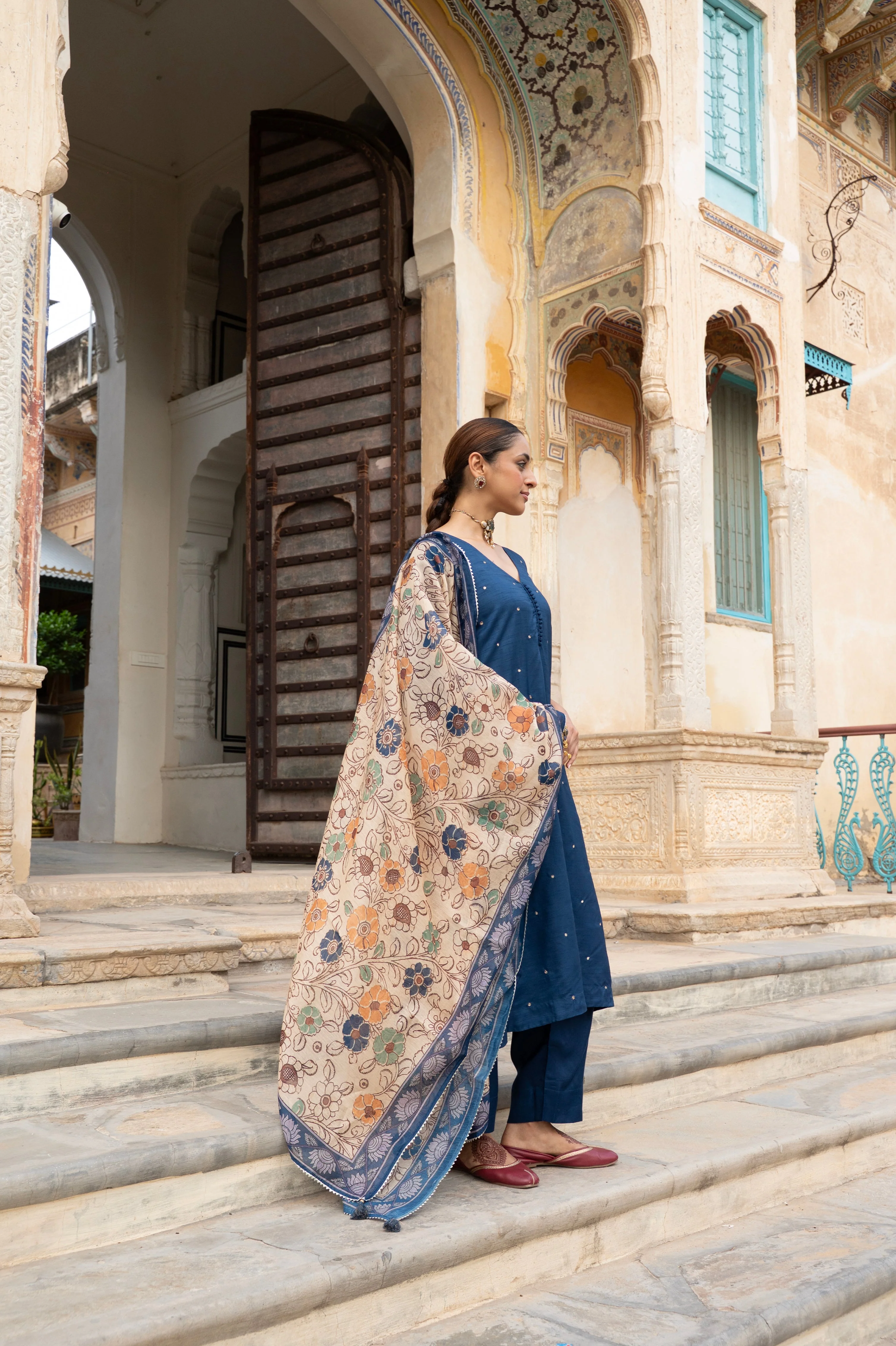 Royal Blue Embellished Dola Silk Pant Set - Image 5