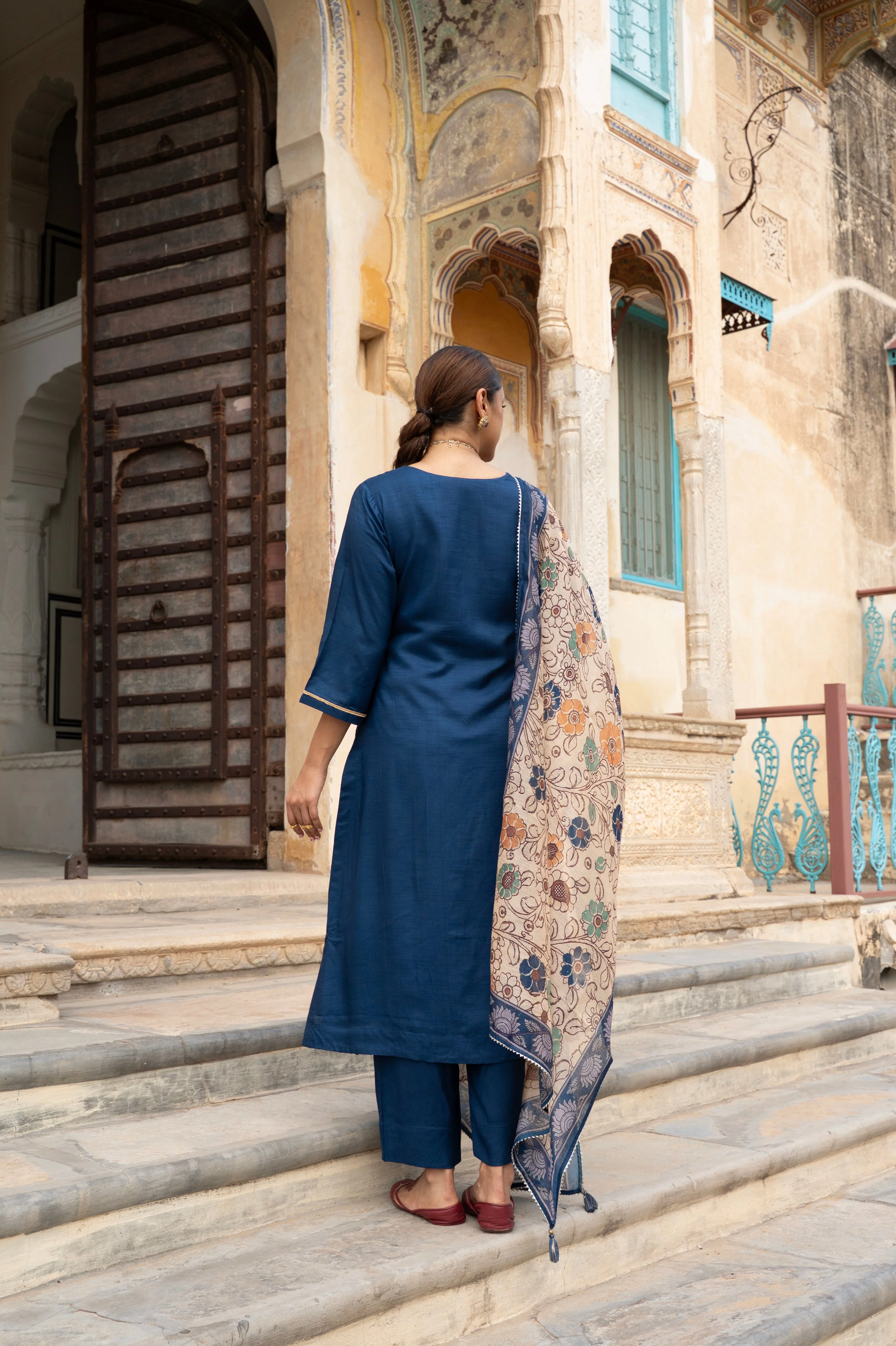 Royal Blue Embellished Dola Silk Pant Set - Image 6