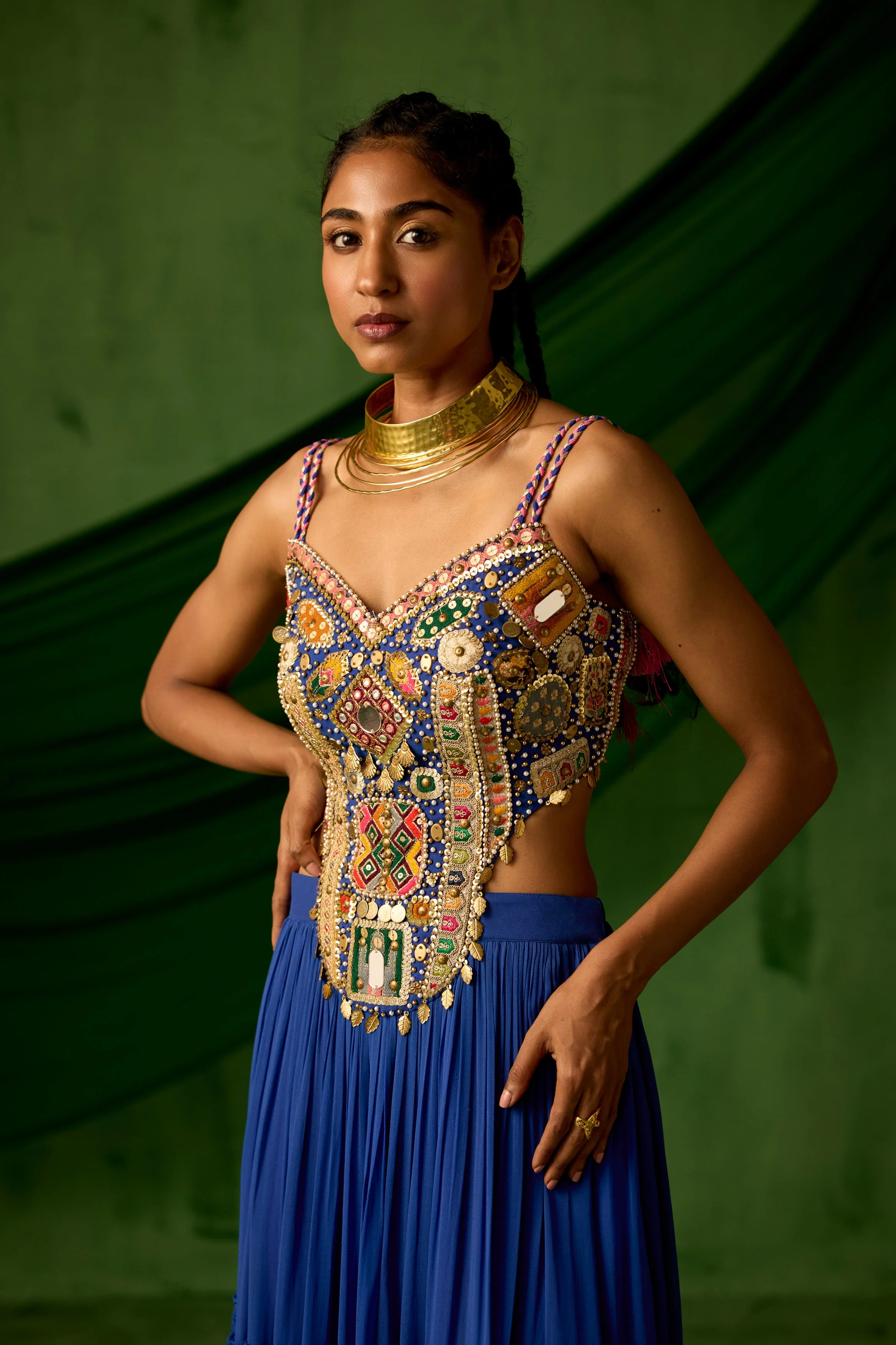 Royal Blue Embellished Georgette Silk Gown - Image 3