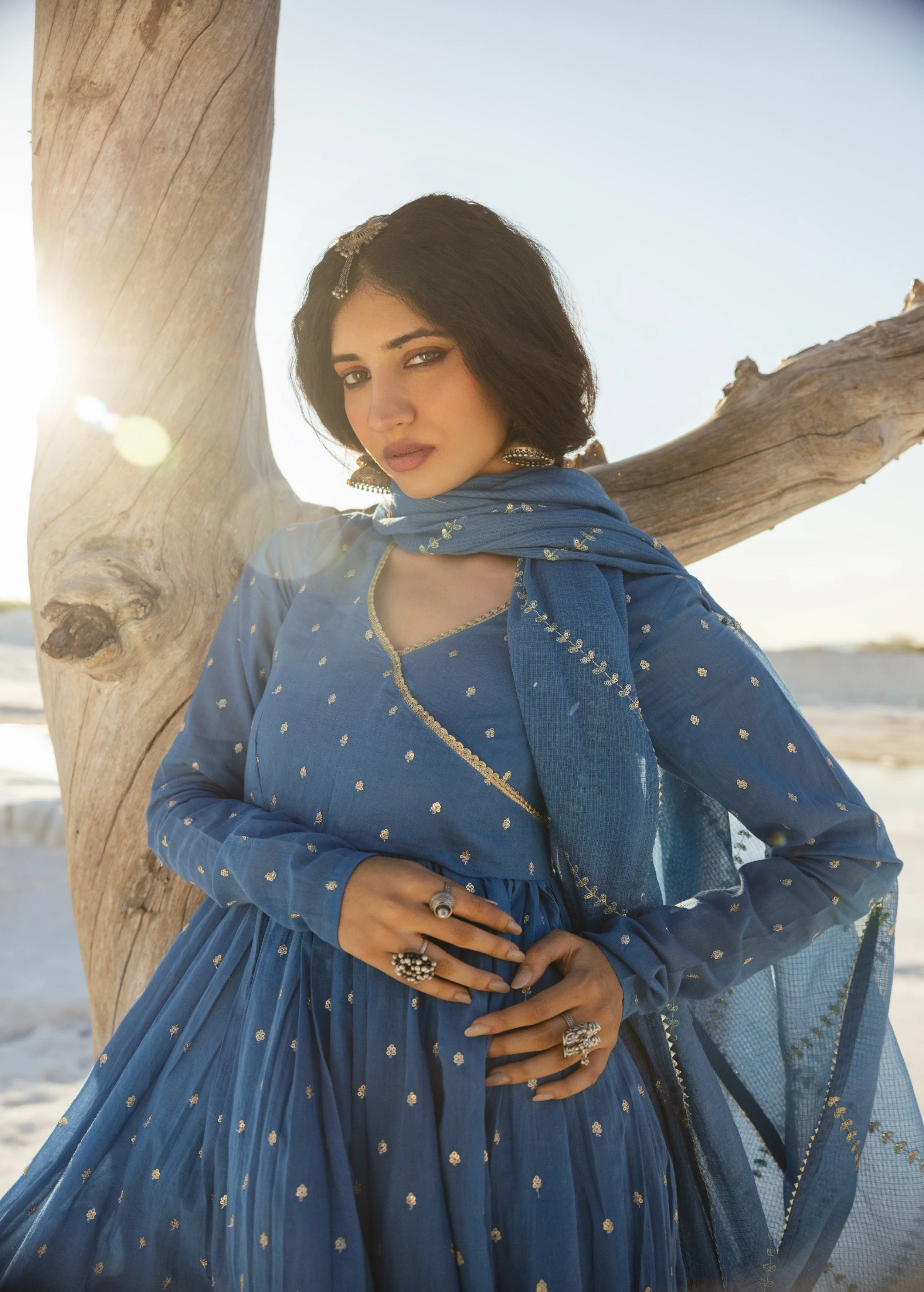 Slate Blue Embellished Mul Cotton Anarkali Set - Image 2